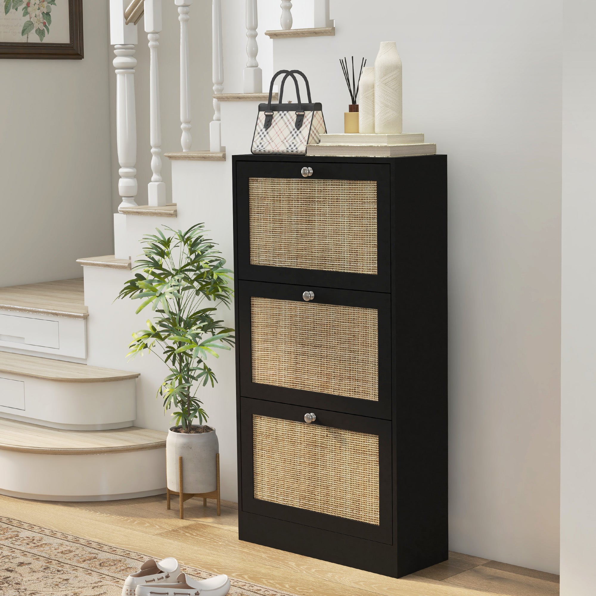 HOMCOM Boho Rattan Shoe Cabinet with 3 Flip Drawers and Adjustable Shelves, Narrow Shoe Storage Cabinet, Holds 18 Pairs for Entryway, Hallway, Black