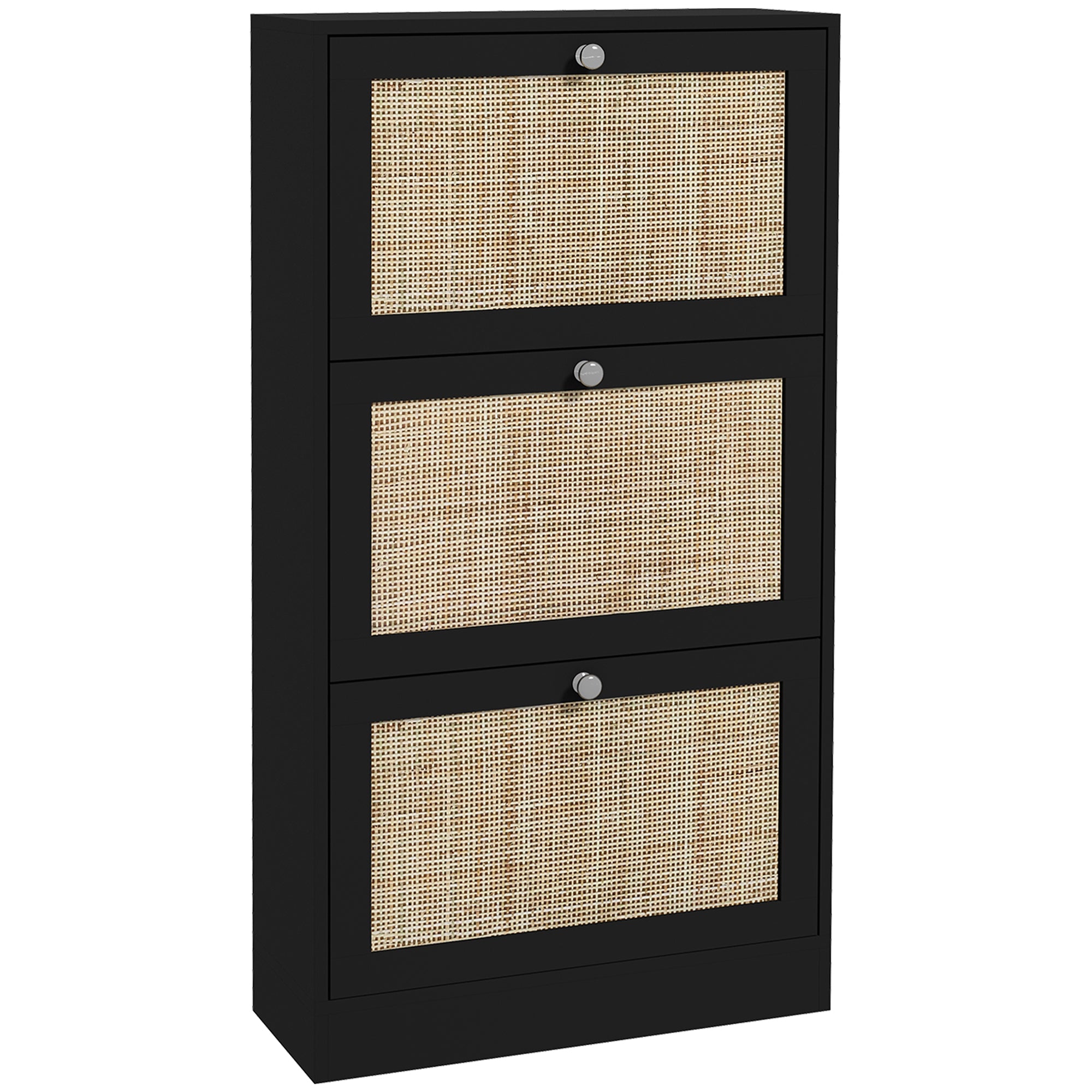 HOMCOM Boho Rattan Shoe Cabinet with 3 Flip Drawers and Adjustable Shelves, Narrow Shoe Storage Cabinet, Holds 18 Pairs for Entryway, Hallway, Black