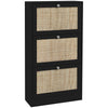 HOMCOM Boho Rattan Shoe Cabinet with 3 Flip Drawers and Adjustable Shelves, Narrow Shoe Storage Cabinet, Holds 18 Pairs for Entryway, Hallway, Black