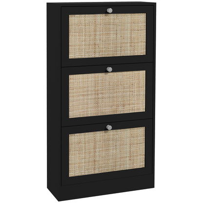 HOMCOM Boho Rattan Shoe Cabinet with 3 Flip Drawers and Adjustable Shelves, Narrow Shoe Storage Cabinet, Holds 18 Pairs for Entryway, Hallway, Black