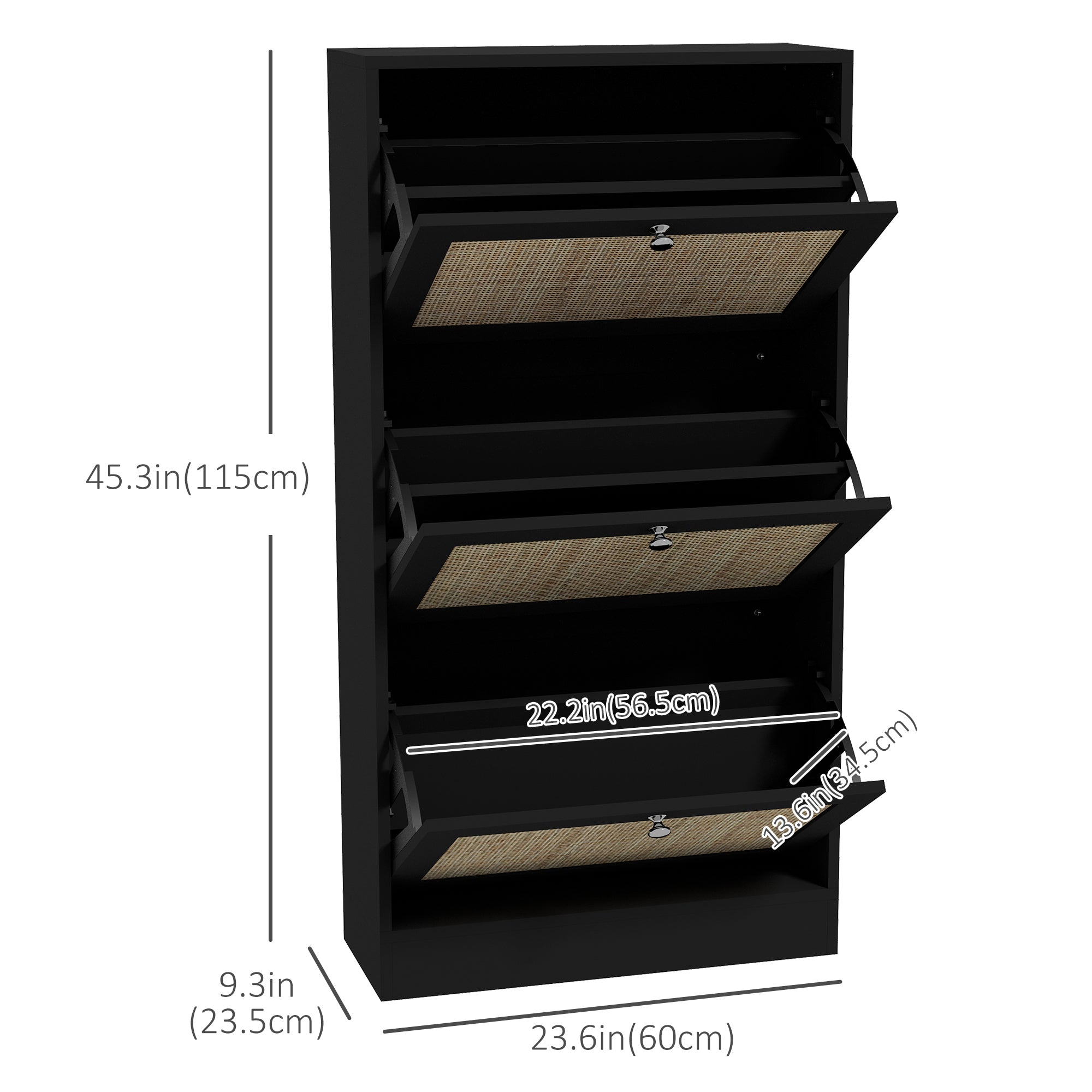HOMCOM Boho Rattan Shoe Cabinet with 3 Flip Drawers and Adjustable Shelves, Narrow Shoe Storage Cabinet, Holds 18 Pairs for Entryway, Hallway, Black