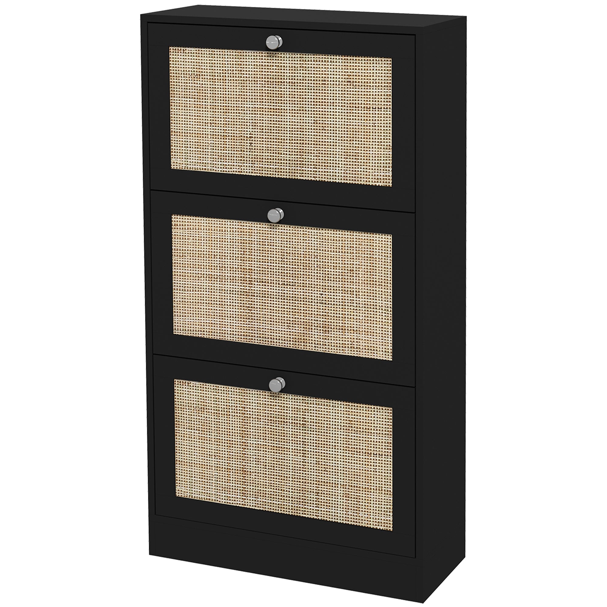 HOMCOM Boho Rattan Shoe Cabinet with 3 Flip Drawers and Adjustable Shelves, Narrow Shoe Storage Cabinet, Holds 18 Pairs for Entryway, Hallway, Black