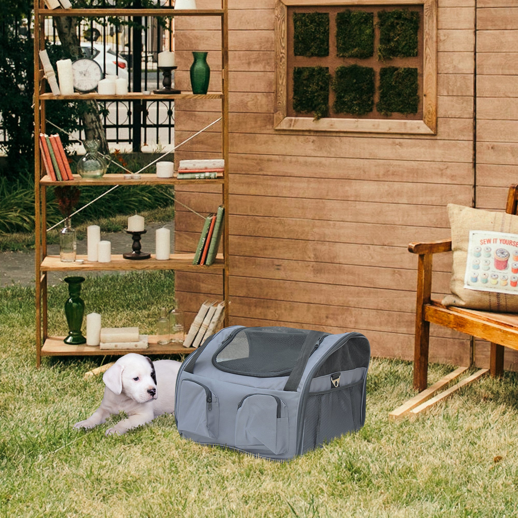 PawHut Pet Carrier Folding Bag Car Seat Cat Dog Puppy Kennel Portable Travel Cage Tote Case Mesh Holder House Grey