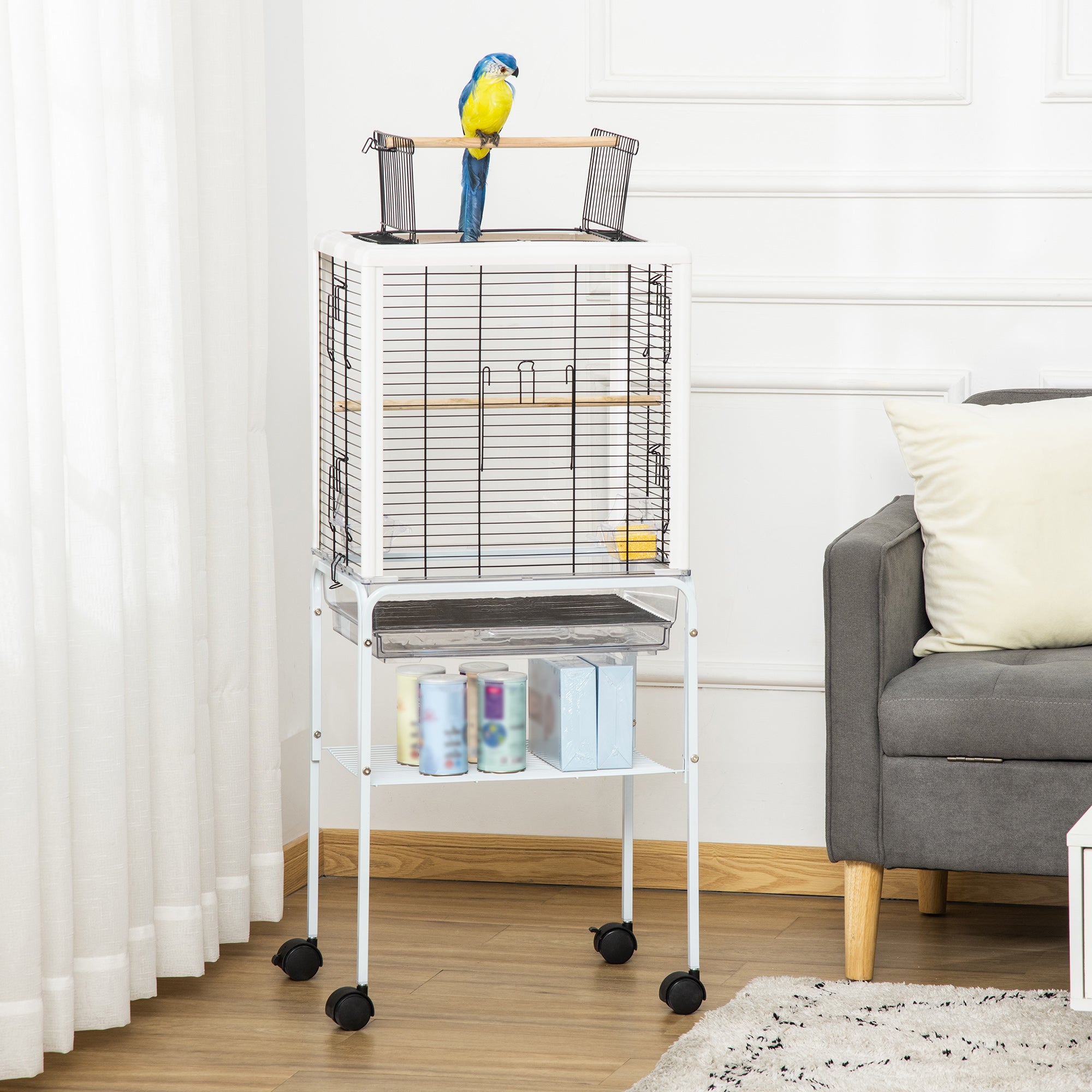 PawHut Bird Cage with Stand Budgie Cage Open Play Top Travel Parrot Cage for Finch Canaries, with Rolling Stand, Slide-out Tray, Storage Shelf White