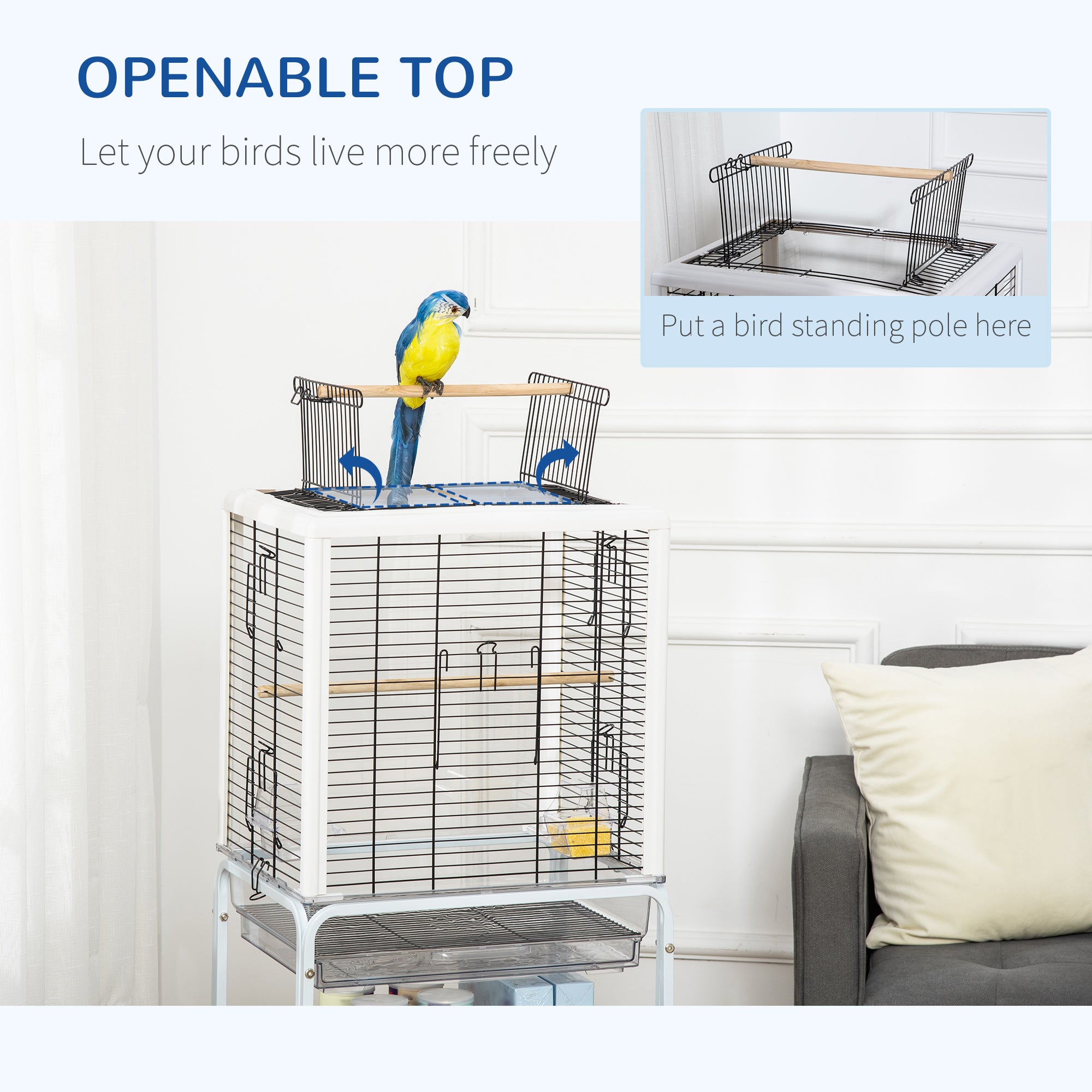 PawHut Bird Cage with Stand Budgie Cage Open Play Top Travel Parrot Cage for Finch Canaries, with Rolling Stand, Slide-out Tray, Storage Shelf White