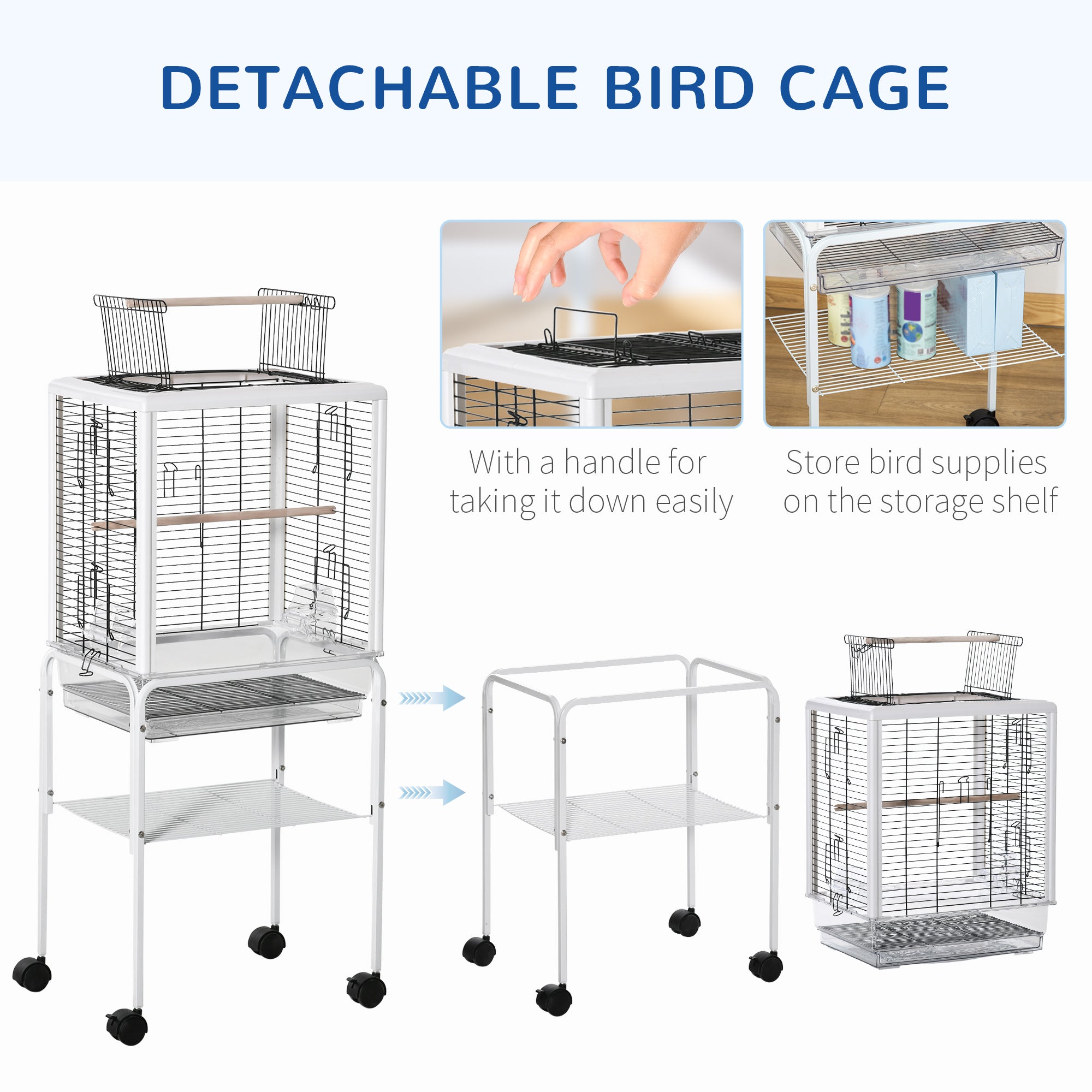 PawHut Bird Cage with Stand Budgie Cage Open Play Top Travel Parrot Cage for Finch Canaries, with Rolling Stand, Slide-out Tray, Storage Shelf White
