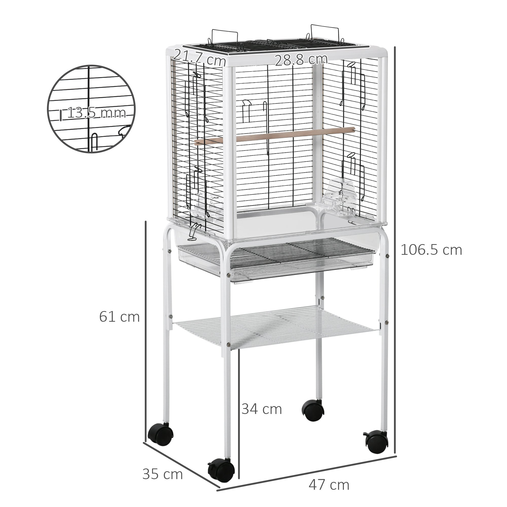 PawHut Bird Cage with Stand Budgie Cage Open Play Top Travel Parrot Cage for Finch Canaries, with Rolling Stand, Slide-out Tray, Storage Shelf White