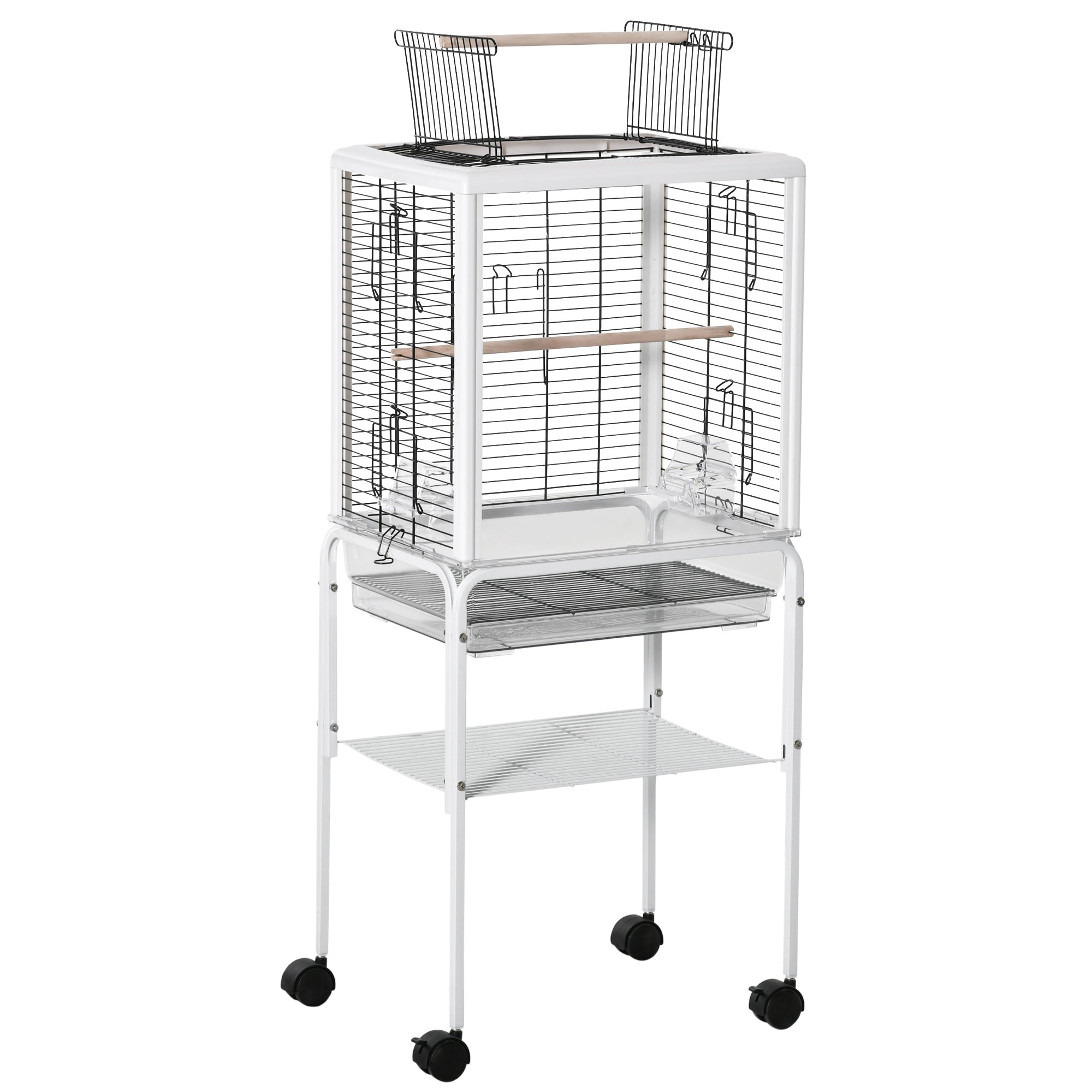 PawHut Bird Cage with Stand Budgie Cage Open Play Top Travel Parrot Cage for Finch Canaries, with Rolling Stand, Slide-out Tray, Storage Shelf White