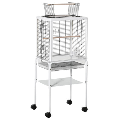 PawHut Bird Cage with Stand Budgie Cage Open Play Top Travel Parrot Cage for Finch Canaries, with Rolling Stand, Slide-out Tray, Storage Shelf White
