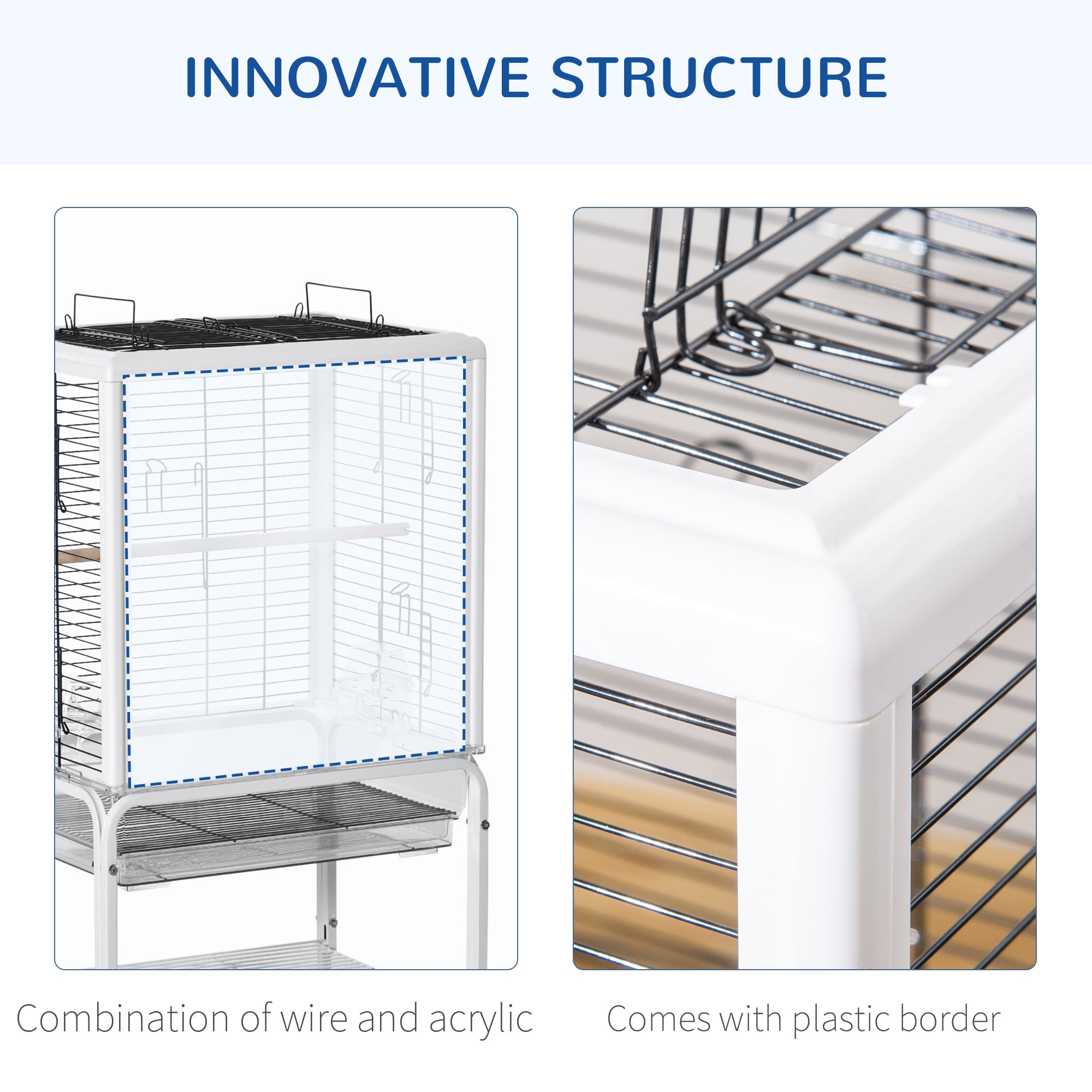 PawHut Bird Cage with Stand Budgie Cage Open Play Top Travel Parrot Cage for Finch Canaries, with Rolling Stand, Slide-out Tray, Storage Shelf White