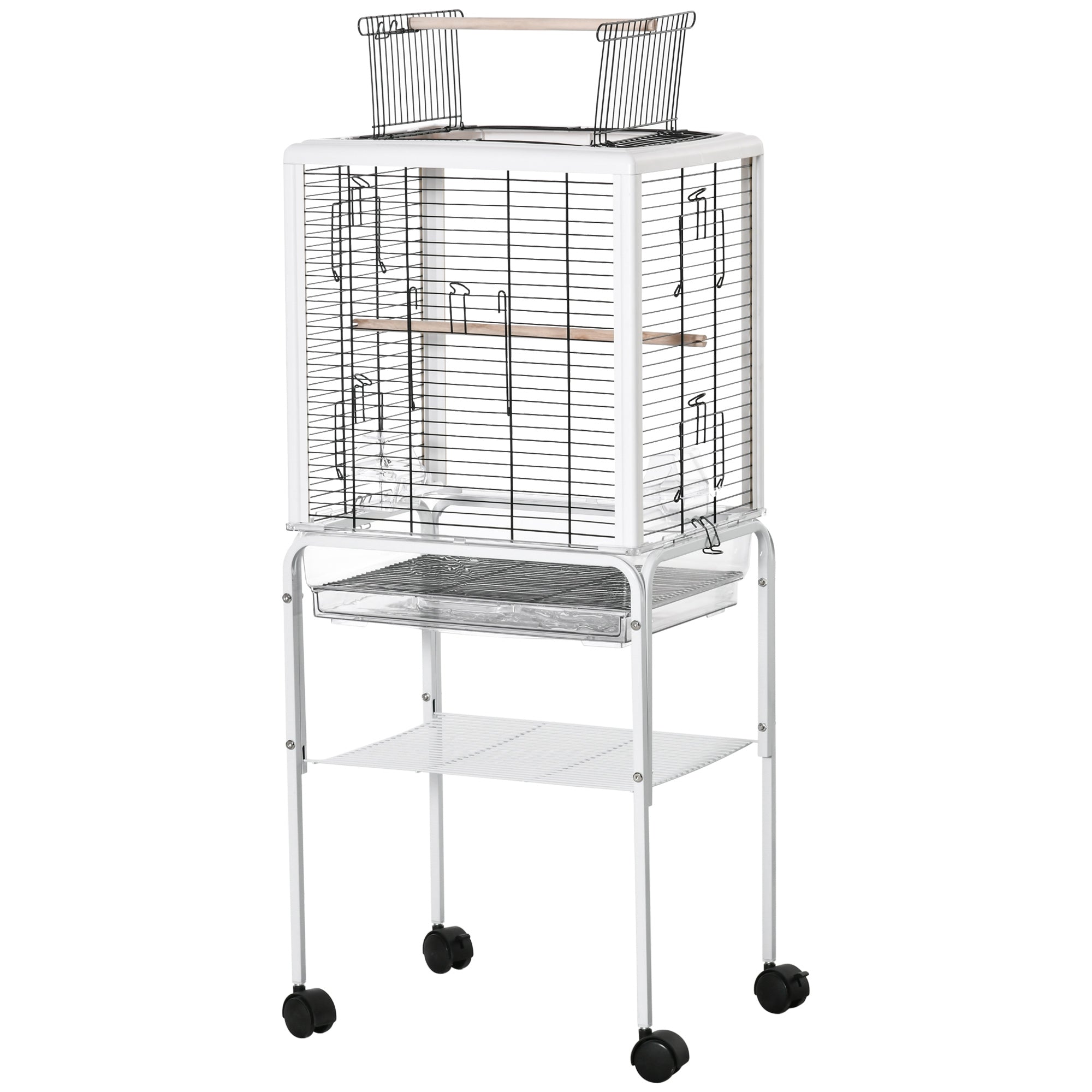 PawHut Bird Cage with Stand Budgie Cage Open Play Top Travel Parrot Cage for Finch Canaries, with Rolling Stand, Slide-out Tray, Storage Shelf White