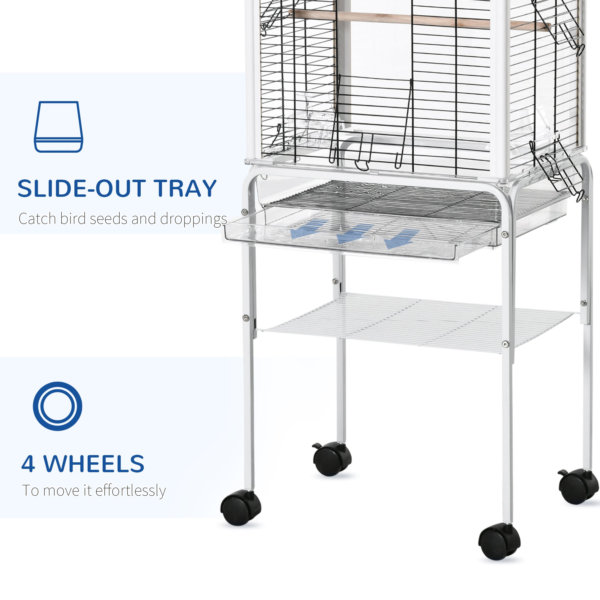 PawHut Bird Cage with Stand Budgie Cage Open Play Top Travel Parrot Cage for Finch Canaries, with Rolling Stand, Slide-out Tray, Storage Shelf White