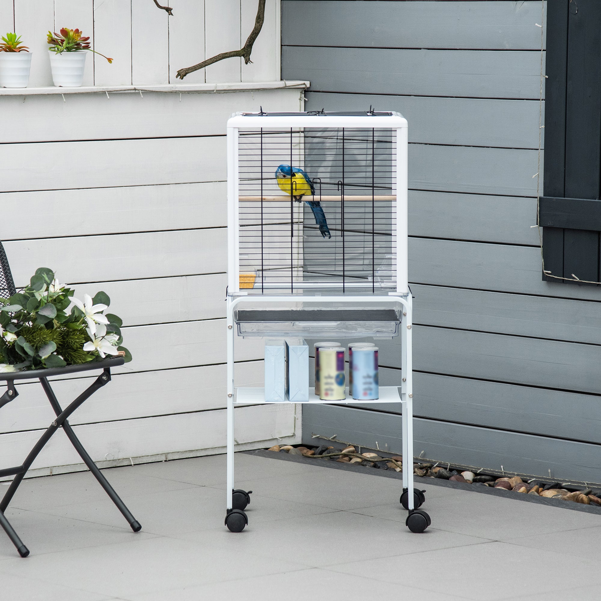 PawHut Bird Cage with Stand Budgie Cage Open Play Top Travel Parrot Cage for Finch Canaries, with Rolling Stand, Slide-out Tray, Storage Shelf White