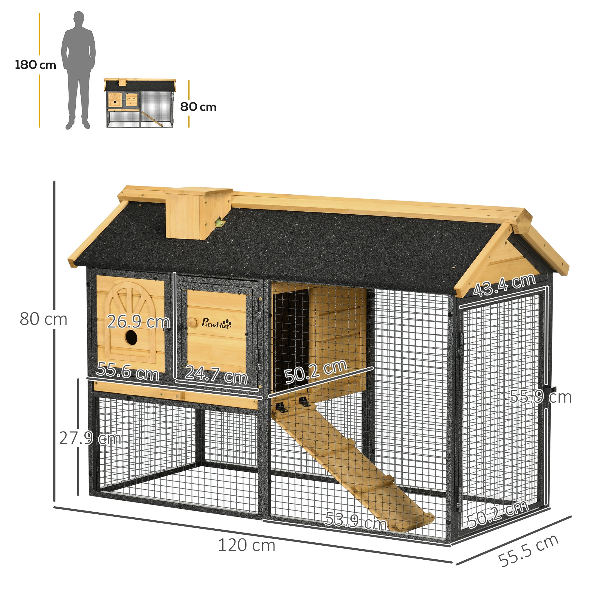 PawHut 2 Tiers Rabbit Hutch and Run, Guinea Pig Hutch Outdoor with Sliding Tray, Ramp, for 1-2 Rabbits