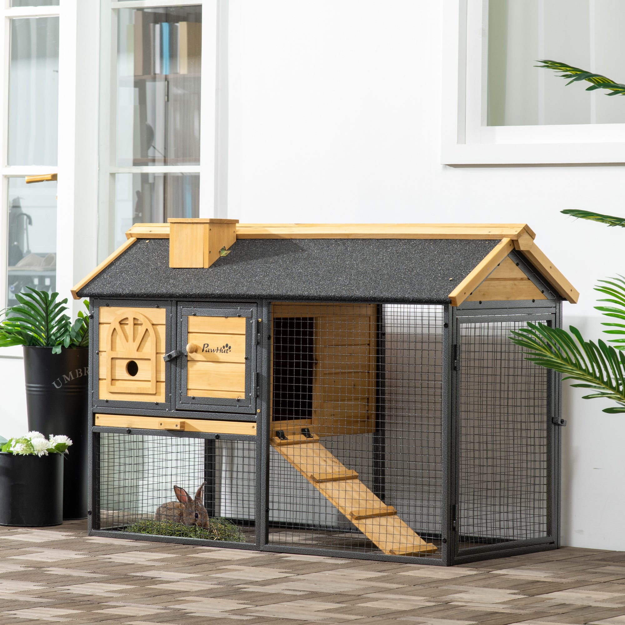 PawHut 2 Tiers Rabbit Hutch and Run, Guinea Pig Hutch Outdoor with Sliding Tray, Ramp, for 1-2 Rabbits