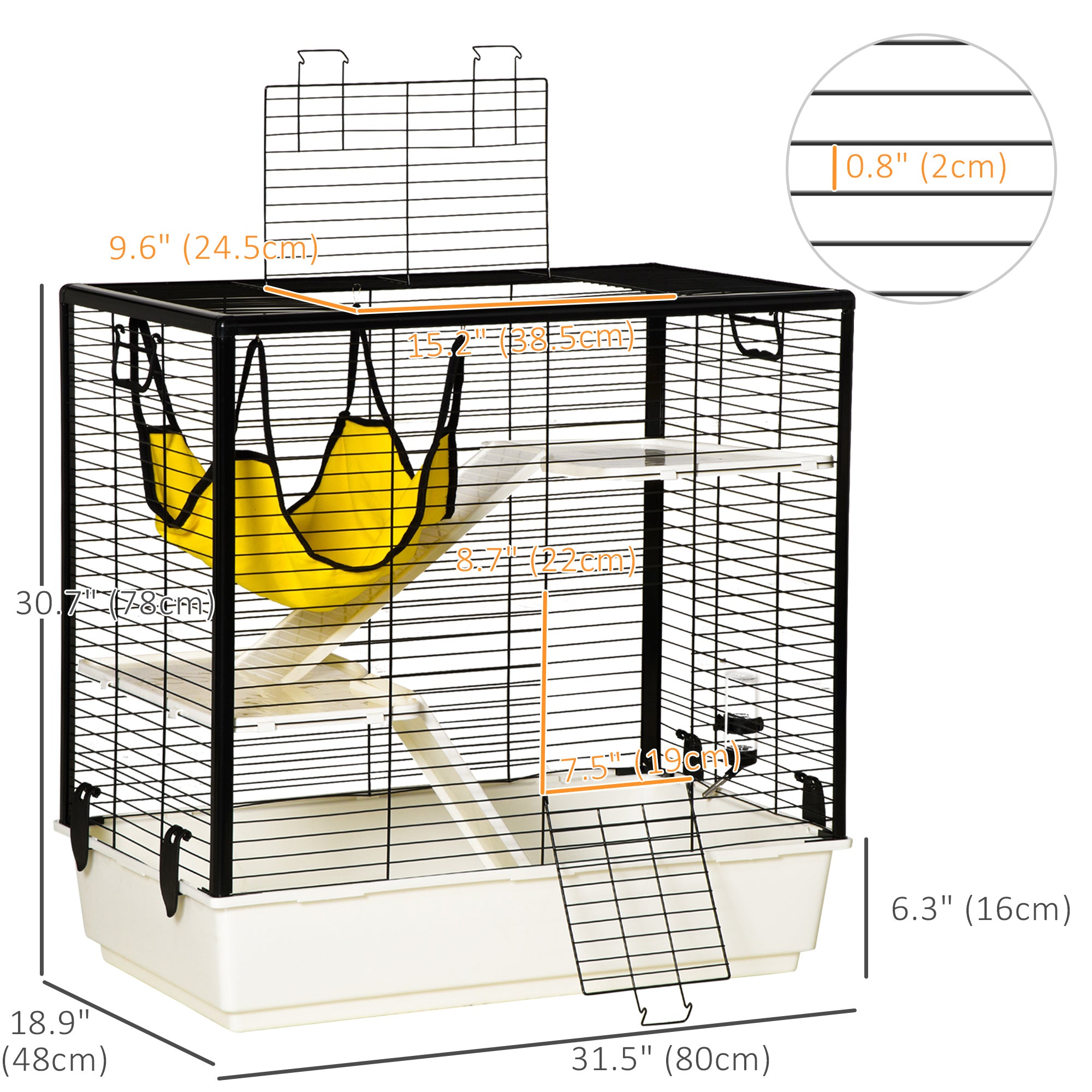 PawHut Rabbit Cage, Portable Small Animal Cage for Chinchilla Adult Rats Large Guinea Pig Mink Ferret with Hammock Water Bottle Food Dish Ramps, 31.5" x 19" x 31"