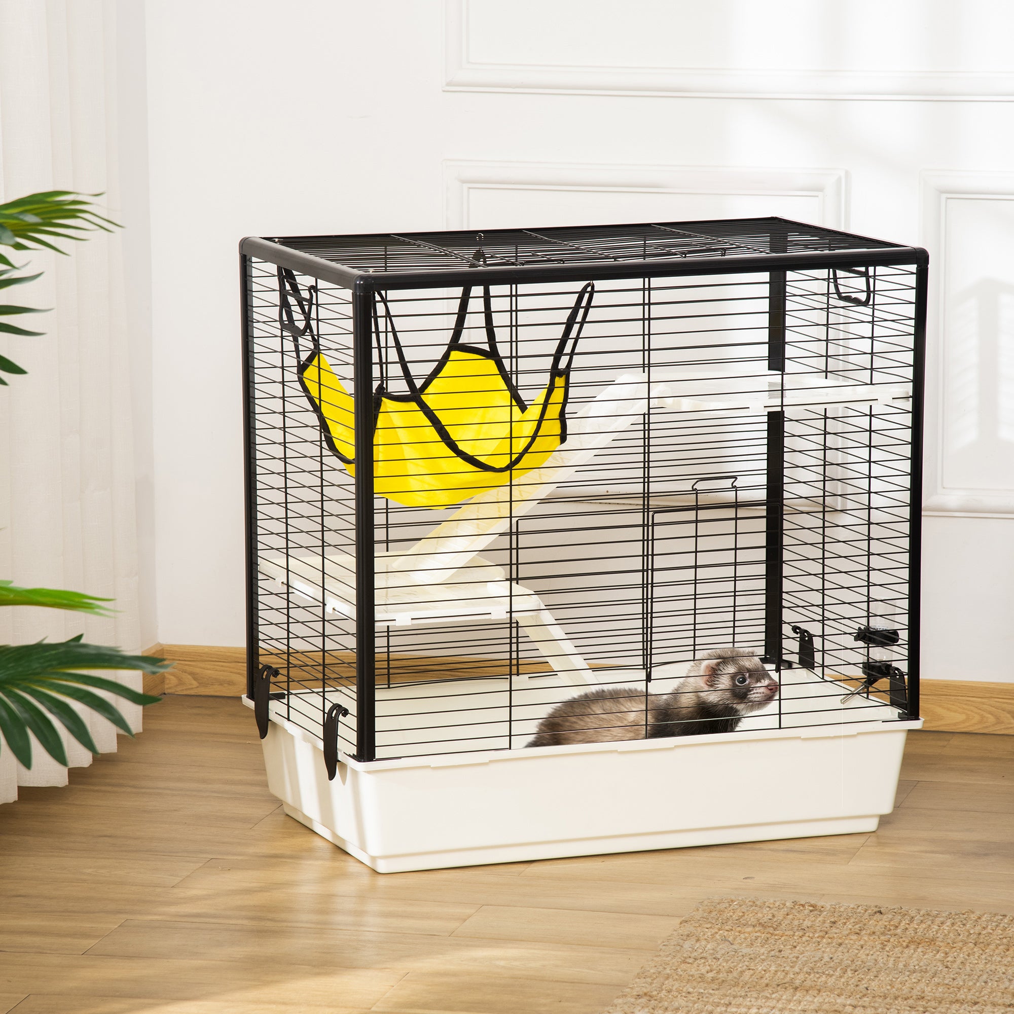 PawHut Rabbit Cage, Portable Small Animal Cage for Chinchilla Adult Rats Large Guinea Pig Mink Ferret with Hammock Water Bottle Food Dish Ramps, 31.5" x 19" x 31"