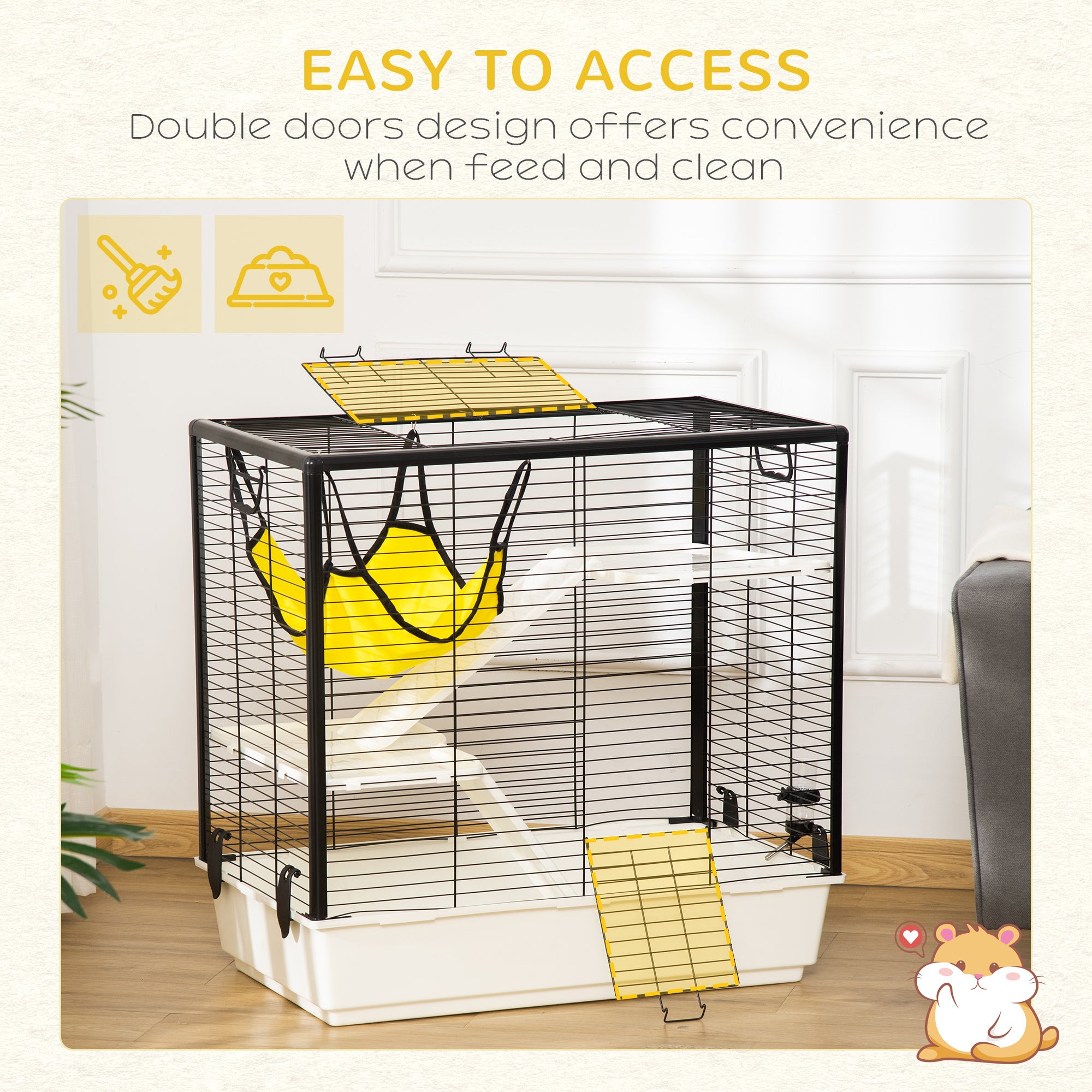 PawHut Rabbit Cage, Portable Small Animal Cage for Chinchilla Adult Rats Large Guinea Pig Mink Ferret with Hammock Water Bottle Food Dish Ramps, 31.5" x 19" x 31"