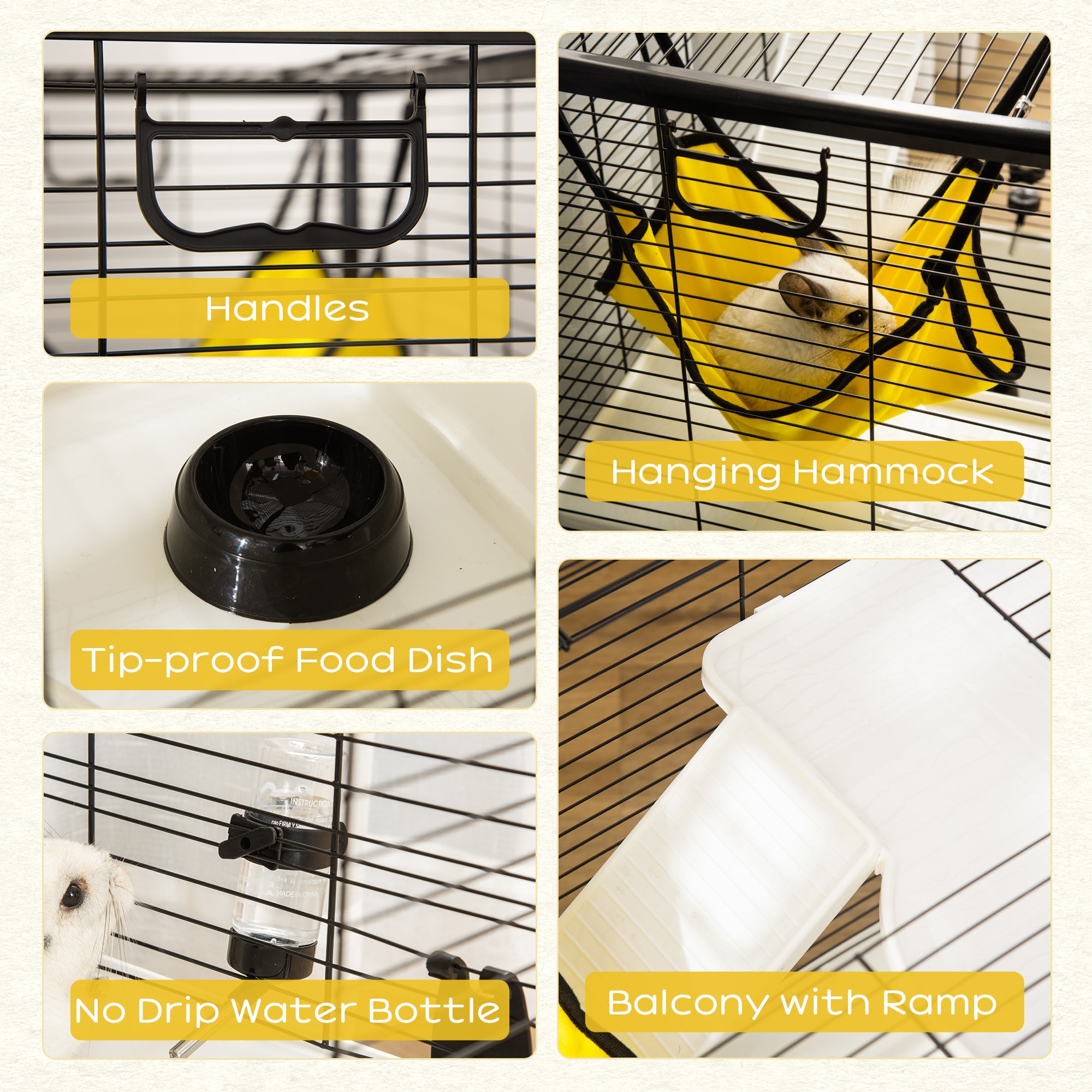 PawHut Rabbit Cage, Portable Small Animal Cage for Chinchilla Adult Rats Large Guinea Pig Mink Ferret with Hammock Water Bottle Food Dish Ramps, 31.5" x 19" x 31"