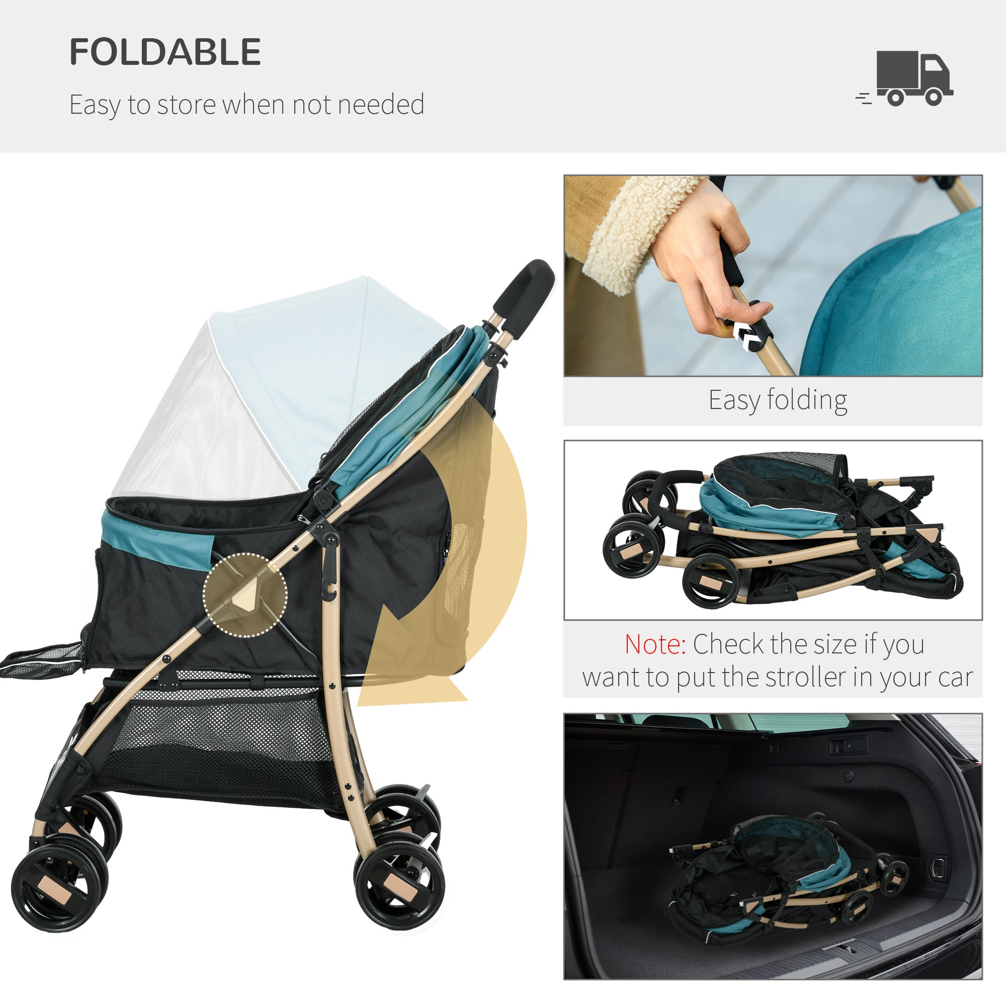 PawHut Dog Stroller with Rain Cover, Foldable Dog Pram, 4 Wheels Pet Pushchair with Safety Leashes, for Small, Miniature Dogs, Cats - Dark Green