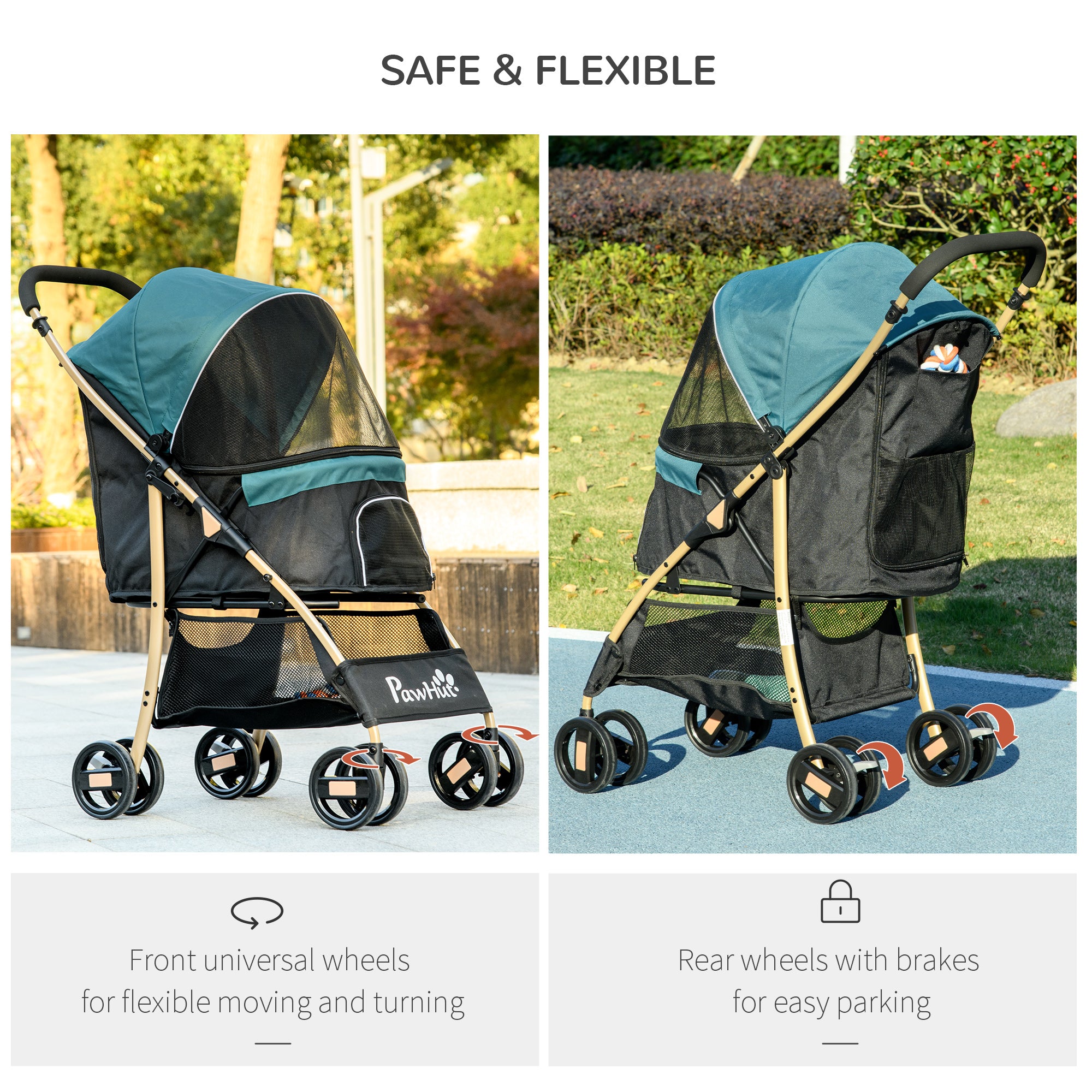 PawHut Dog Stroller with Rain Cover, Foldable Dog Pram, 4 Wheels Pet Pushchair with Safety Leashes, for Small, Miniature Dogs, Cats - Dark Green