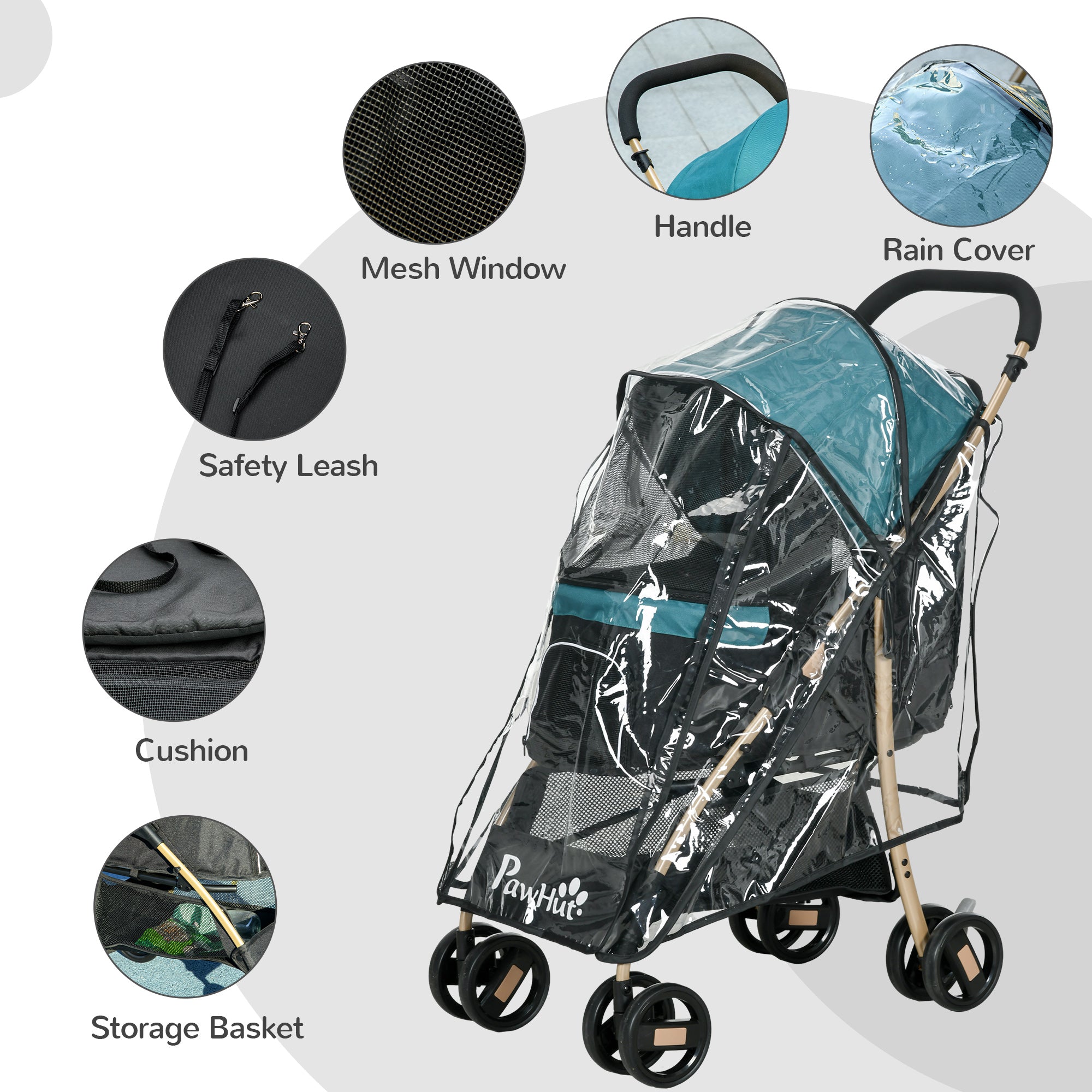 PawHut Dog Stroller with Rain Cover, Foldable Dog Pram, 4 Wheels Pet Pushchair with Safety Leashes, for Small, Miniature Dogs, Cats - Dark Green