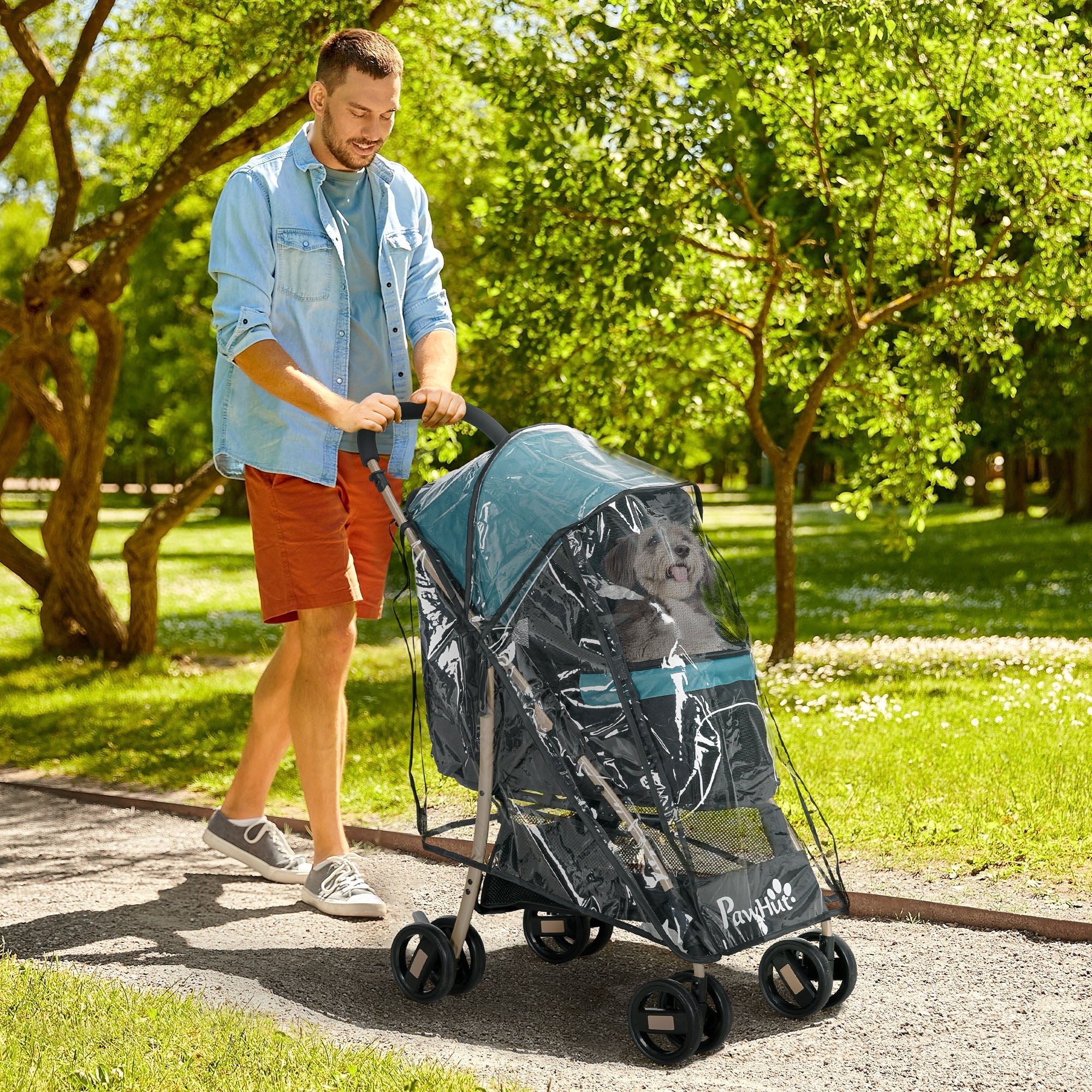 PawHut Dog Stroller with Rain Cover, Foldable Dog Pram, 4 Wheels Pet Pushchair with Safety Leashes, for Small, Miniature Dogs, Cats - Dark Green