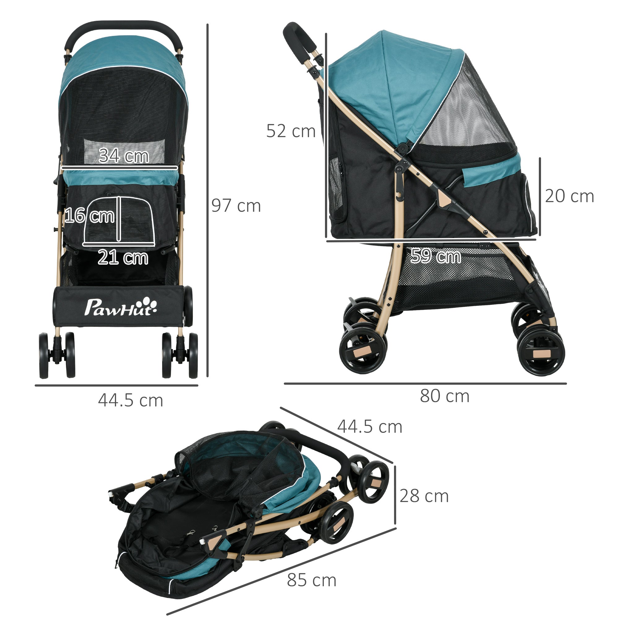 PawHut Dog Stroller with Rain Cover, Foldable Dog Pram, 4 Wheels Pet Pushchair with Safety Leashes, for Small, Miniature Dogs, Cats - Dark Green