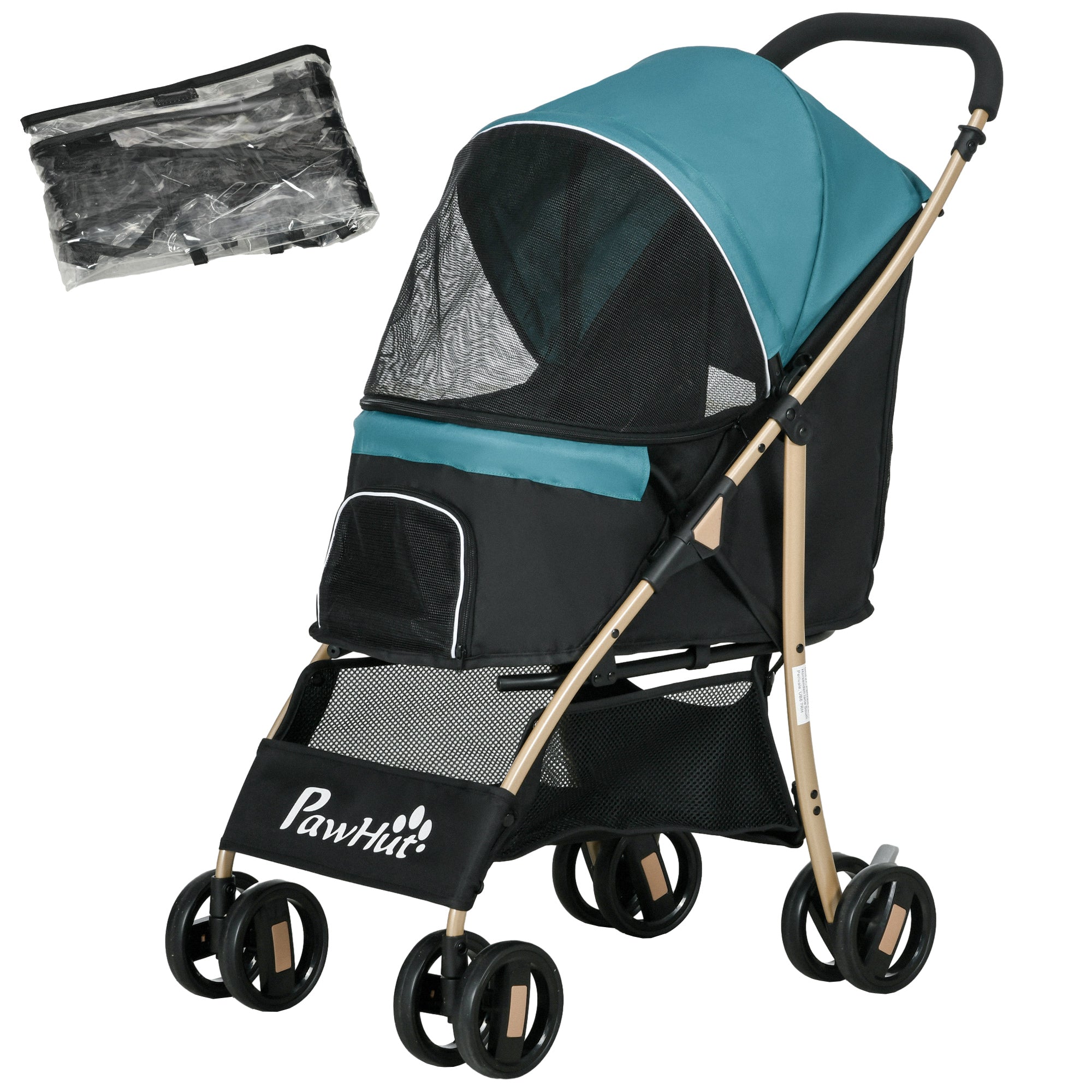 PawHut Dog Stroller with Rain Cover, Foldable Dog Pram, 4 Wheels Pet Pushchair with Safety Leashes, for Small, Miniature Dogs, Cats - Dark Green