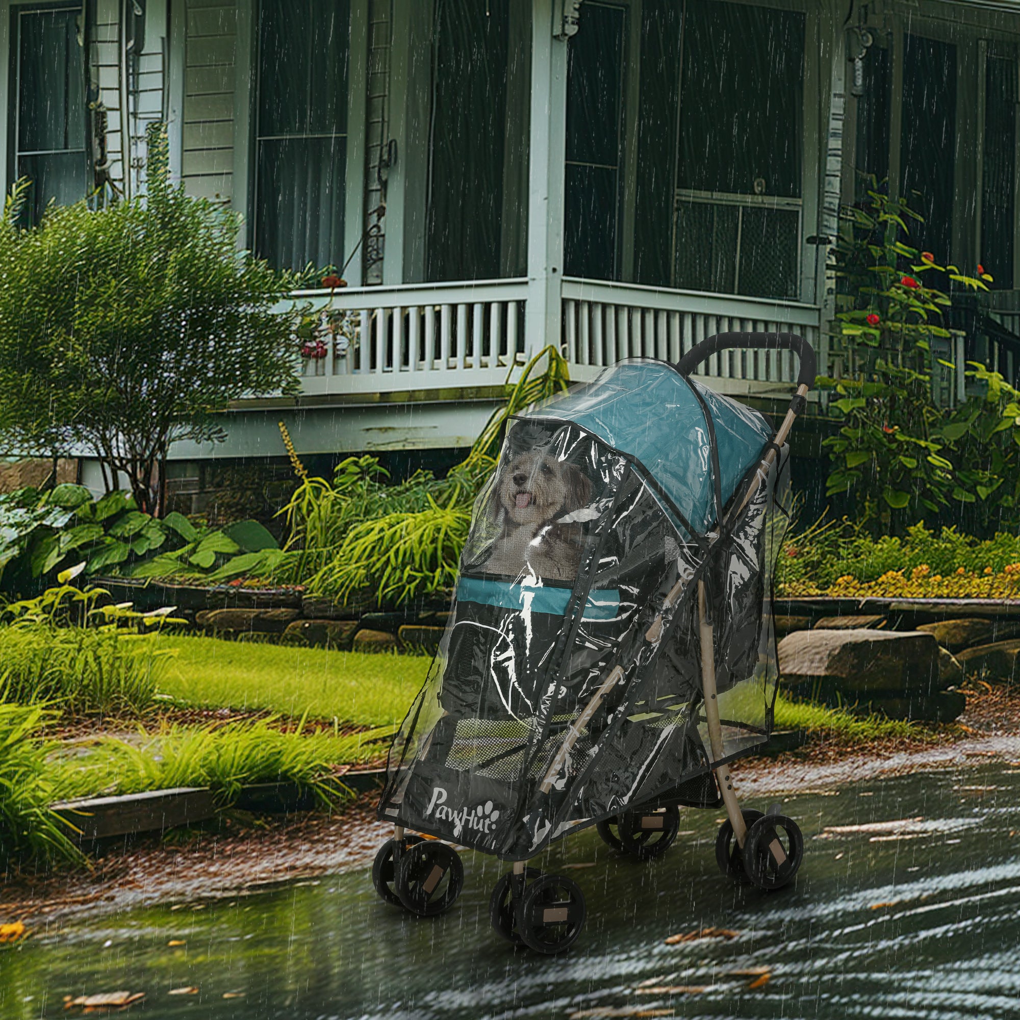PawHut Dog Stroller with Rain Cover, Foldable Dog Pram, 4 Wheels Pet Pushchair with Safety Leashes, for Small, Miniature Dogs, Cats - Dark Green