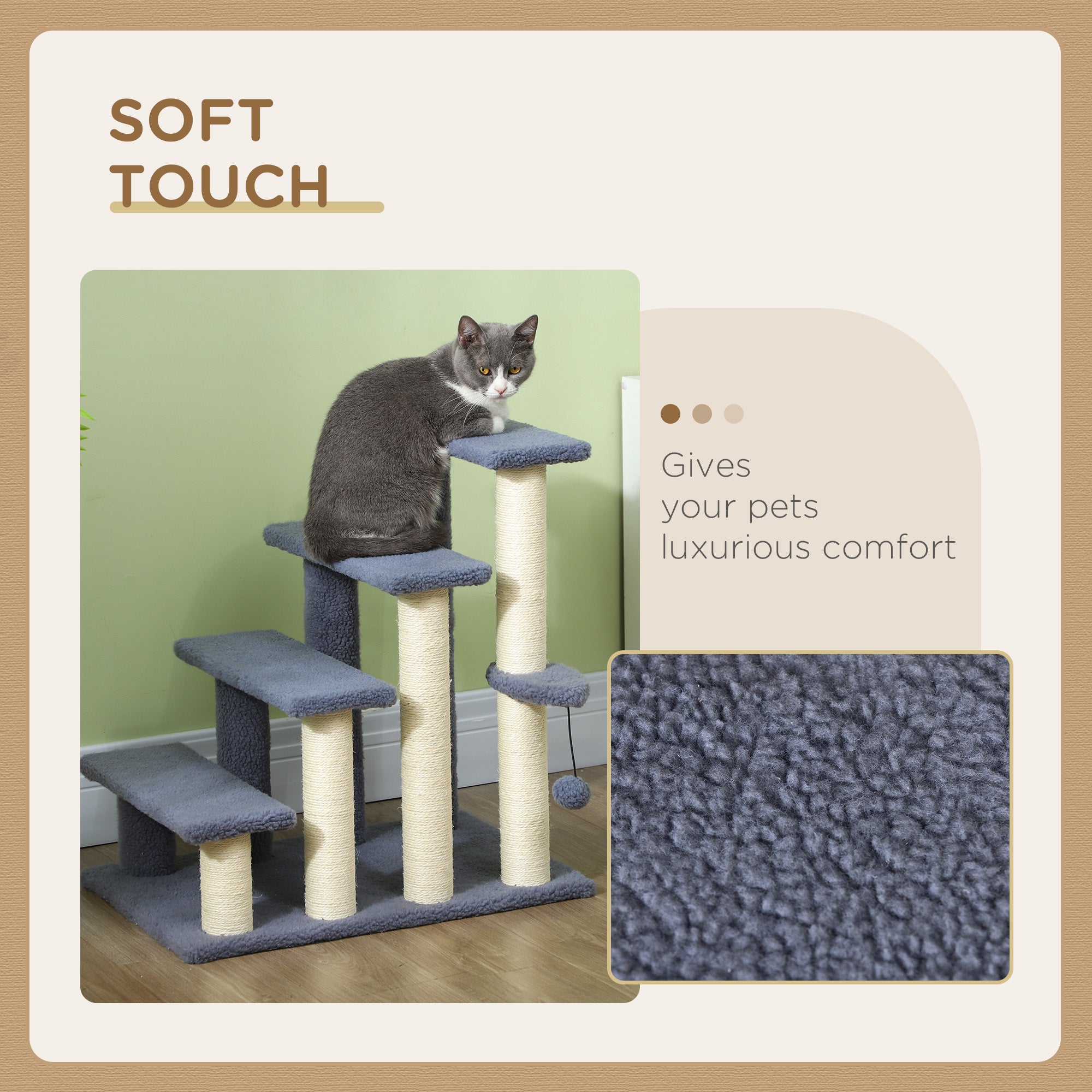 PawHut Cat Tree, 4 Step Cat Tower Stairs Steps with Cat Scratching Post, Jumping Platform, Toy Ball, Cat Furniture for Indoor Cats, Grey