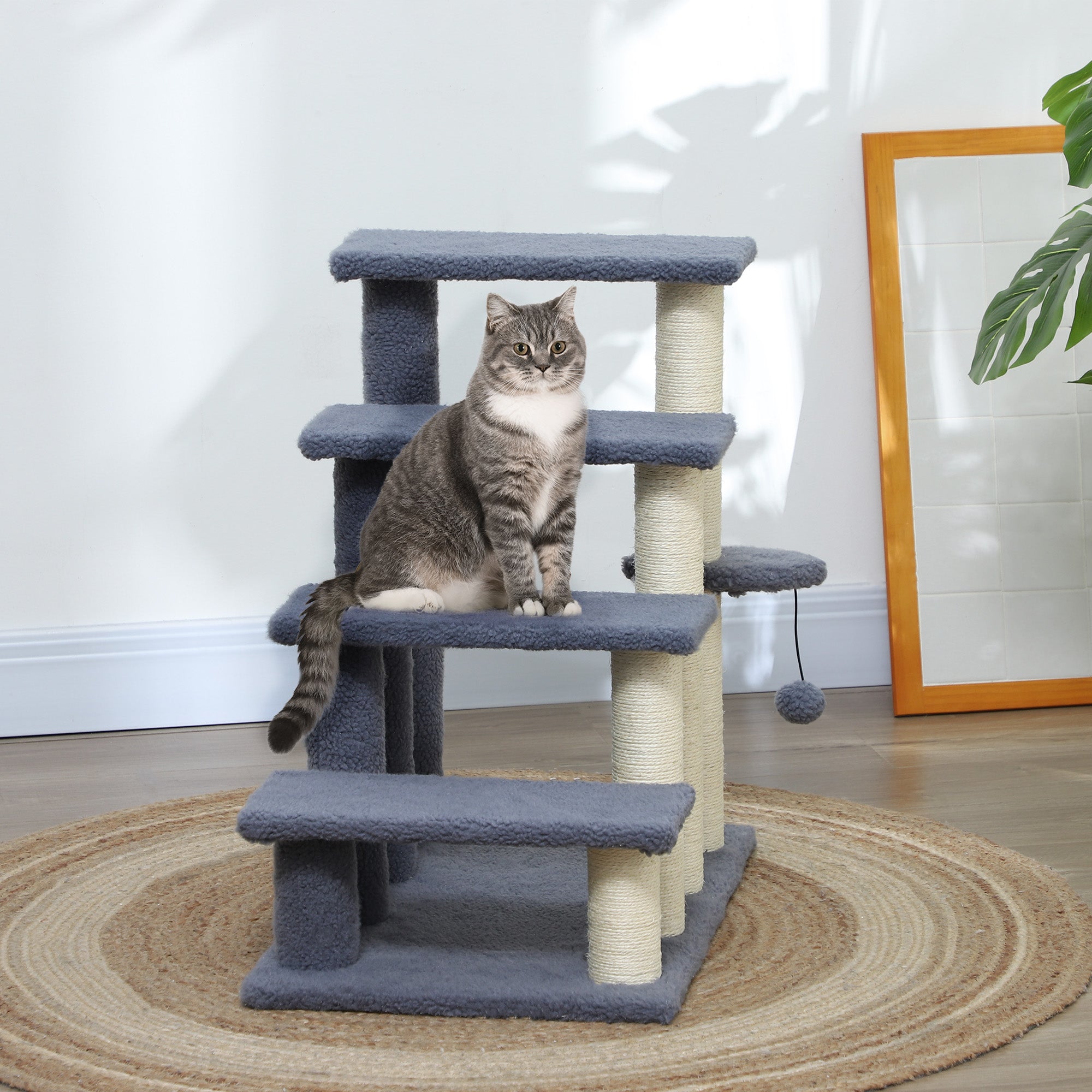 PawHut Cat Tree, 4 Step Cat Tower Stairs Steps with Cat Scratching Post, Jumping Platform, Toy Ball, Cat Furniture for Indoor Cats, Grey