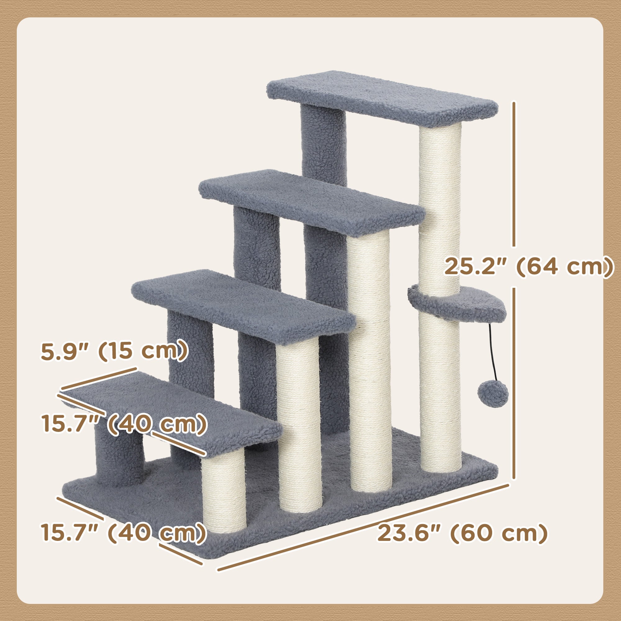 PawHut Cat Tree, 4 Step Cat Tower Stairs Steps with Cat Scratching Post, Jumping Platform, Toy Ball, Cat Furniture for Indoor Cats, Grey