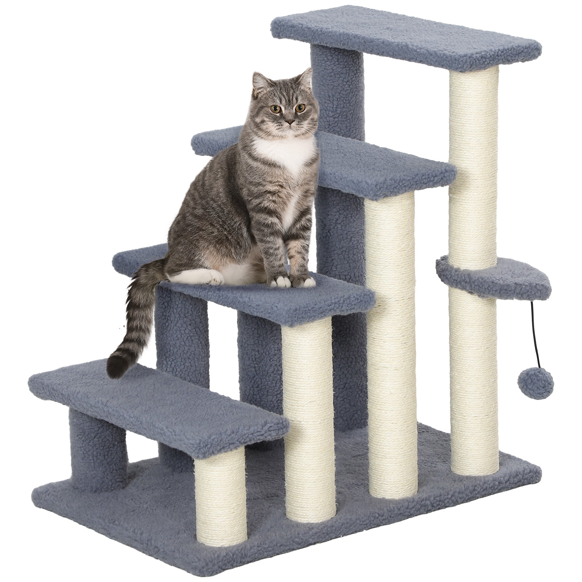 PawHut Cat Tree, 4 Step Cat Tower Stairs Steps with Cat Scratching Post, Jumping Platform, Toy Ball, Cat Furniture for Indoor Cats, Grey