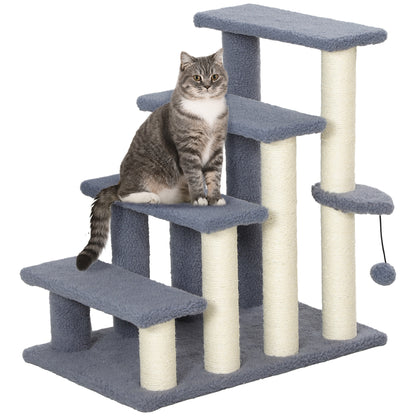 PawHut Cat Tree, 4 Step Cat Tower Stairs Steps with Cat Scratching Post, Jumping Platform, Toy Ball, Cat Furniture for Indoor Cats, Grey