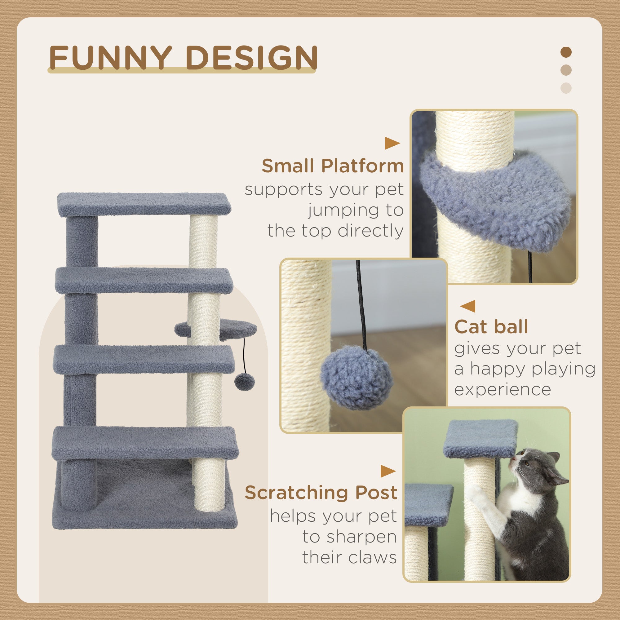 PawHut Cat Tree, 4 Step Cat Tower Stairs Steps with Cat Scratching Post, Jumping Platform, Toy Ball, Cat Furniture for Indoor Cats, Grey