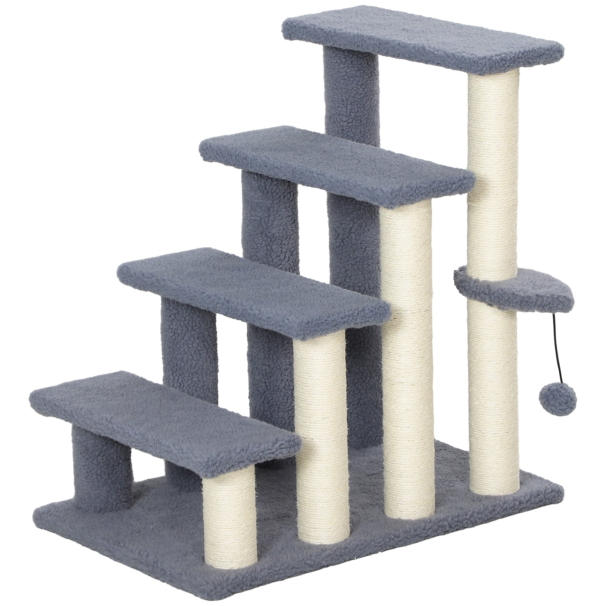 PawHut Cat Tree, 4 Step Cat Tower Stairs Steps with Cat Scratching Post, Jumping Platform, Toy Ball, Cat Furniture for Indoor Cats, Grey