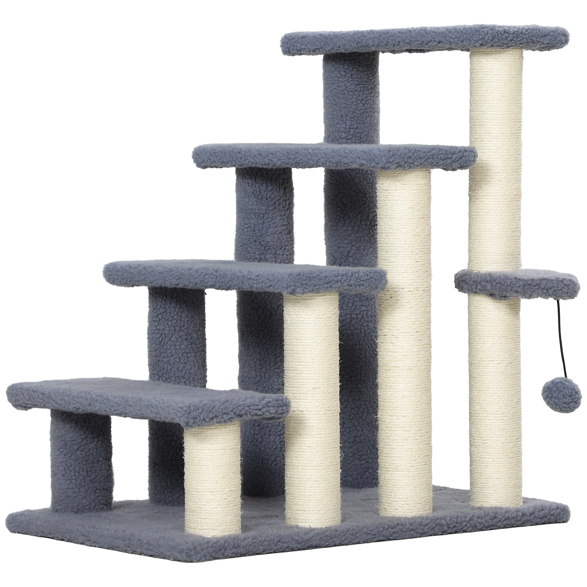 PawHut Cat Tree, 4 Step Cat Tower Stairs Steps with Cat Scratching Post, Jumping Platform, Toy Ball, Cat Furniture for Indoor Cats, Grey