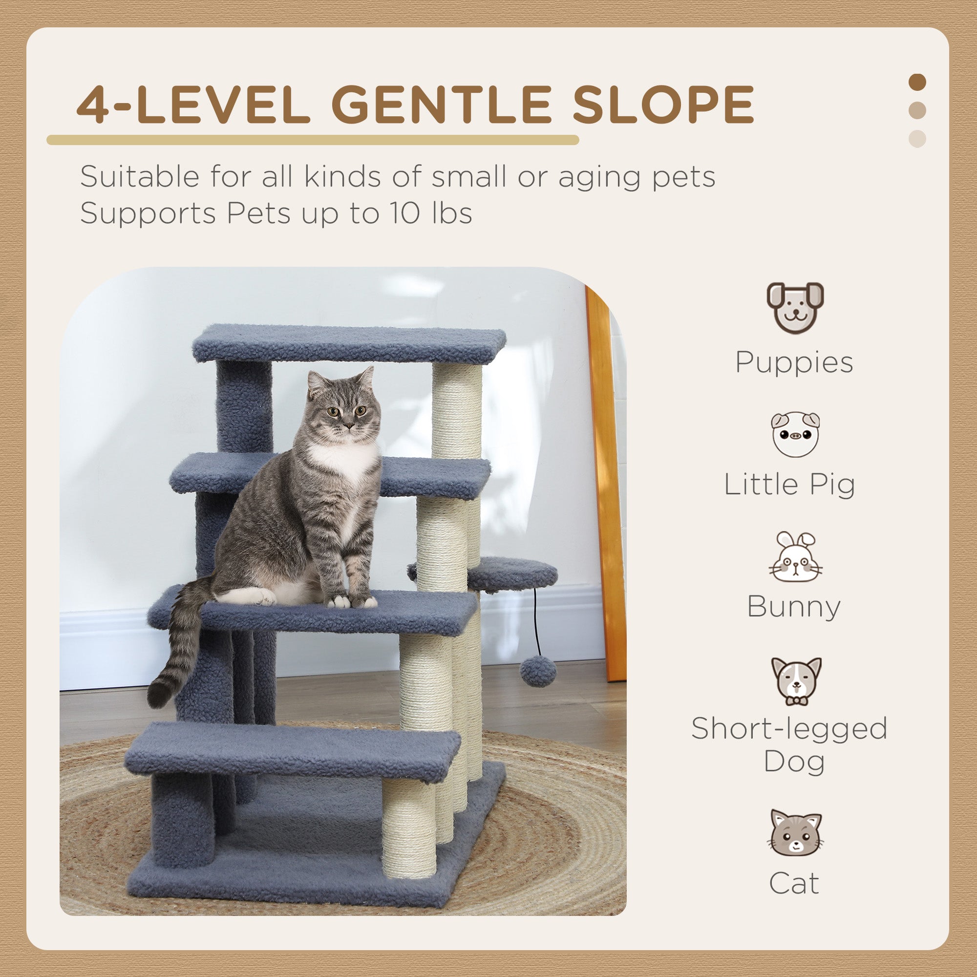 PawHut Cat Tree, 4 Step Cat Tower Stairs Steps with Cat Scratching Post, Jumping Platform, Toy Ball, Cat Furniture for Indoor Cats, Grey