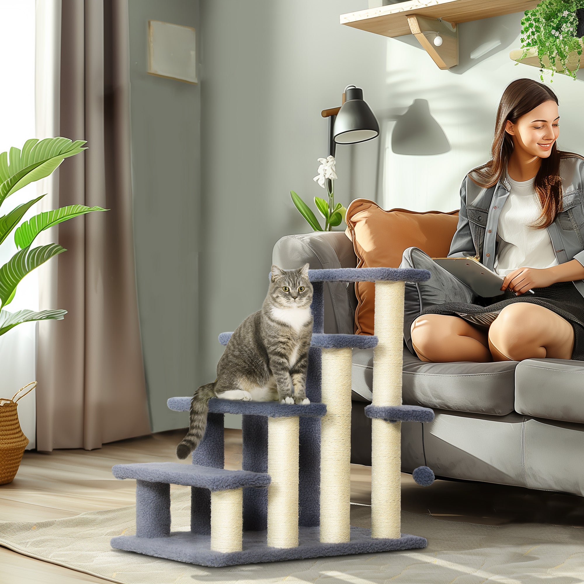 PawHut Cat Tree, 4 Step Cat Tower Stairs Steps with Cat Scratching Post, Jumping Platform, Toy Ball, Cat Furniture for Indoor Cats, Grey