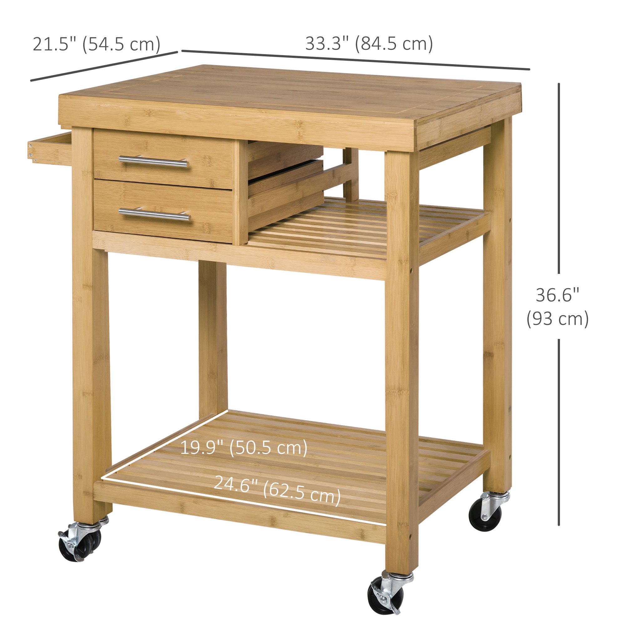 HOMCOM Rolling Bamboo Wood Kitchen Island Cart Trolley, Cabinet with Towel Rack, 2 Drawer, Shelves for Kitchken Living Room Use, Bamboo Tone