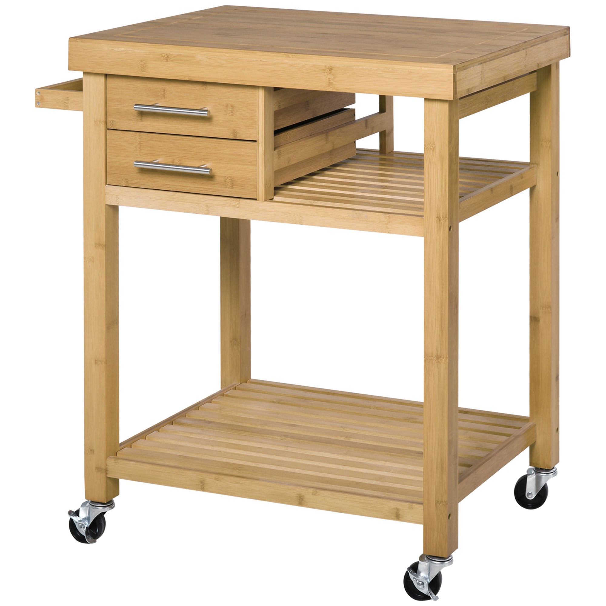 HOMCOM Rolling Bamboo Wood Kitchen Island Cart Trolley, Cabinet with Towel Rack, 2 Drawer, Shelves for Kitchken Living Room Use, Bamboo Tone