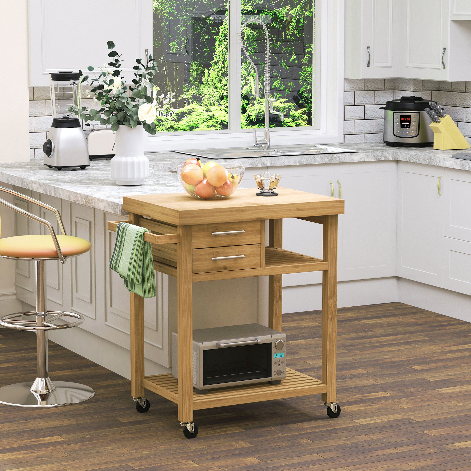 HOMCOM Rolling Bamboo Wood Kitchen Island Cart Trolley, Cabinet with Towel Rack, 2 Drawer, Shelves for Kitchken Living Room Use, Bamboo Tone