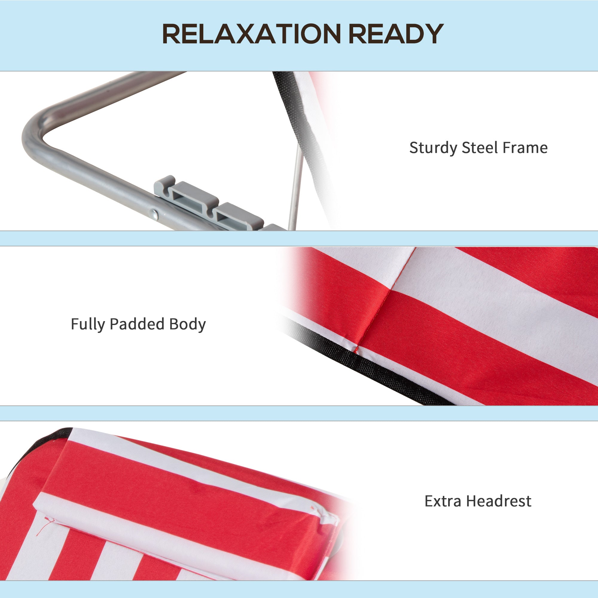 Outsunny Set of 2 Beach Lounge Chair Sun Lounger, Folding Ground Beach Mat w/ Adjustable Back, Steel Frame, Head Pillow and Carry Bag for Backyard Lakeside, Red and White