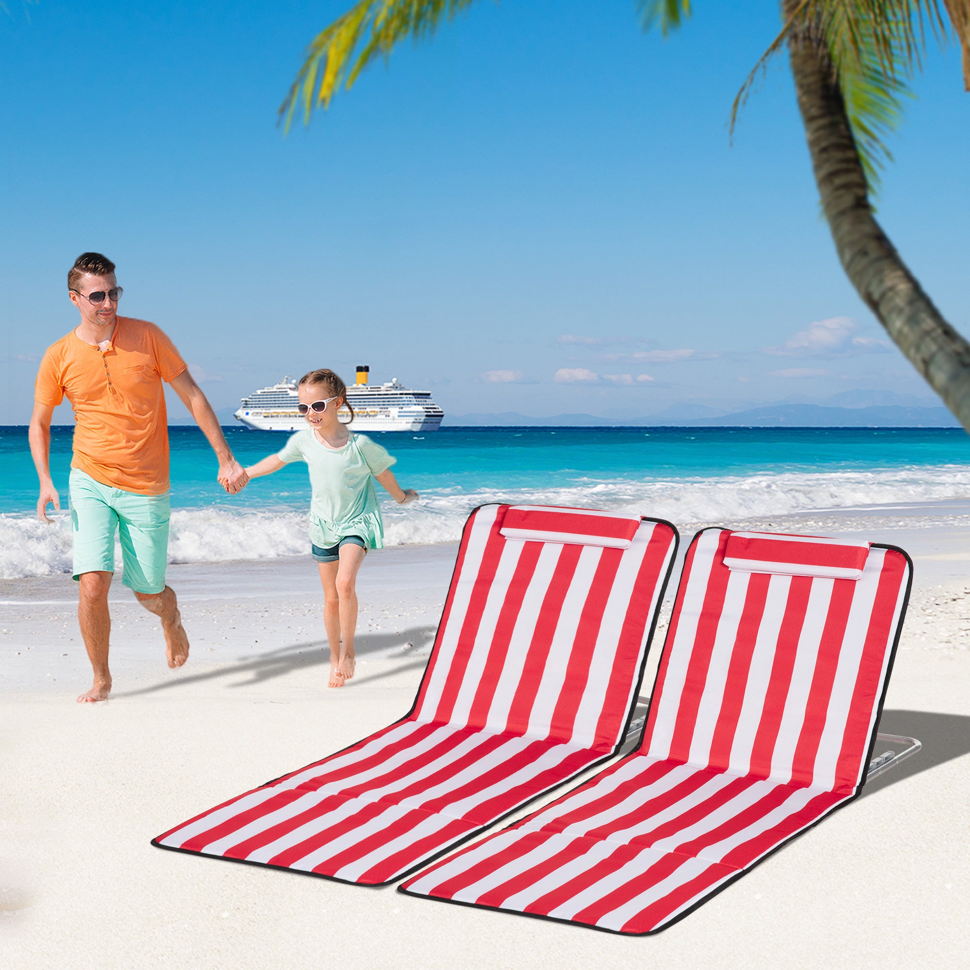 Outsunny Set of 2 Beach Lounge Chair Sun Lounger, Folding Ground Beach Mat w/ Adjustable Back, Steel Frame, Head Pillow and Carry Bag for Backyard Lakeside, Red and White