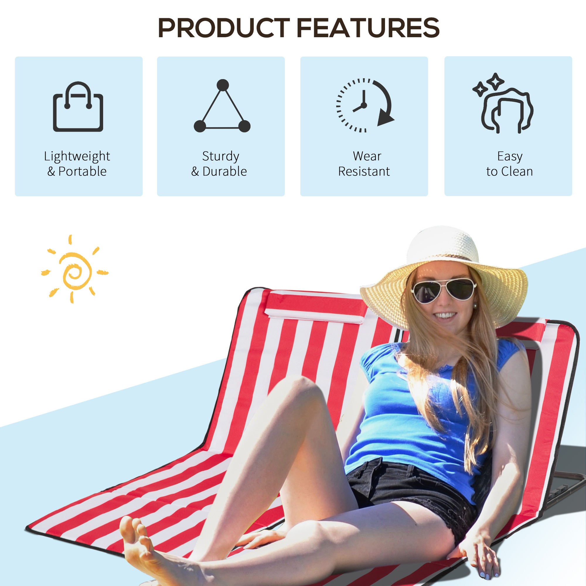 Outsunny Set of 2 Beach Lounge Chair Sun Lounger, Folding Ground Beach Mat w/ Adjustable Back, Steel Frame, Head Pillow and Carry Bag for Backyard Lakeside, Red and White