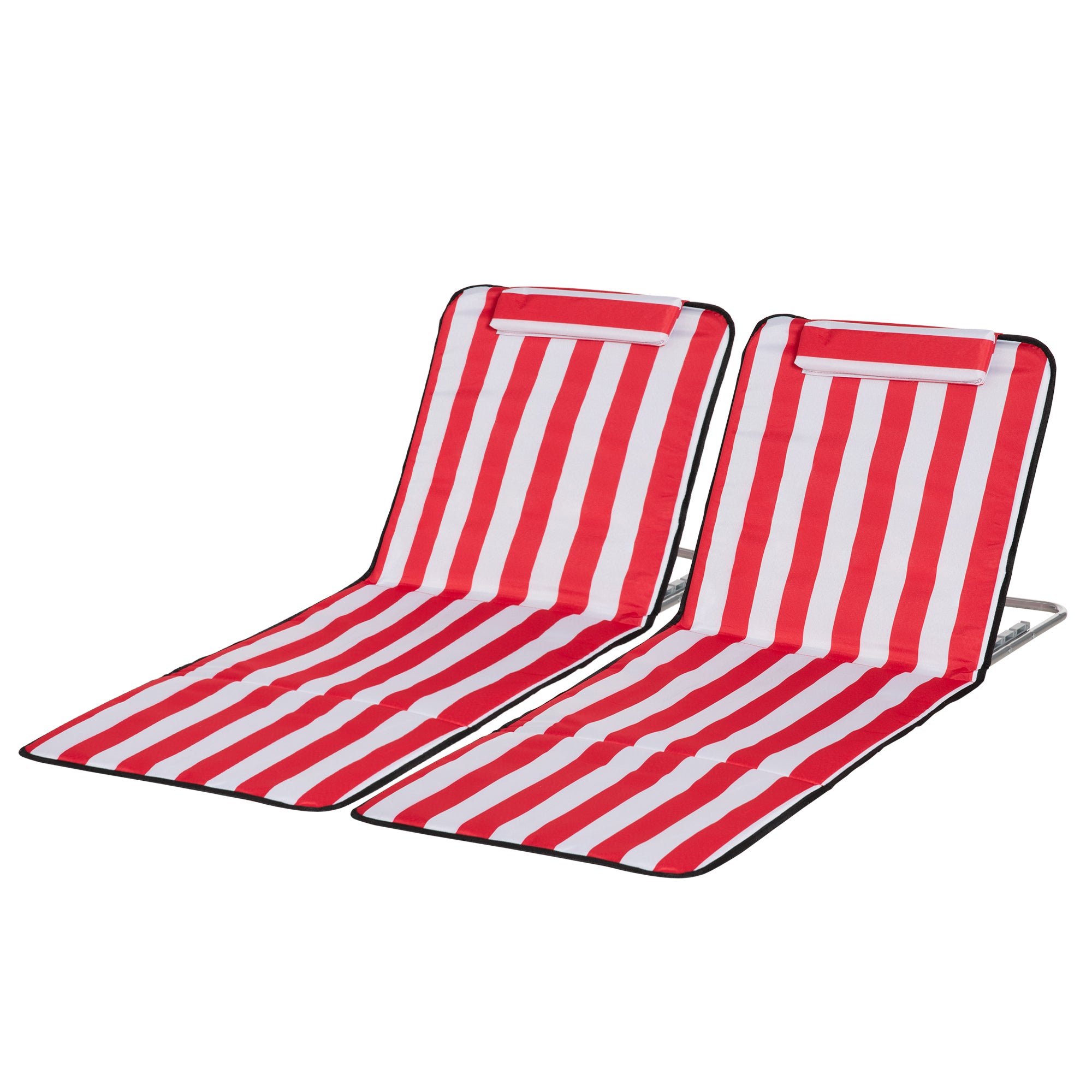 Outsunny Set of 2 Beach Lounge Chair Sun Lounger, Folding Ground Beach Mat w/ Adjustable Back, Steel Frame, Head Pillow and Carry Bag for Backyard Lakeside, Red and White