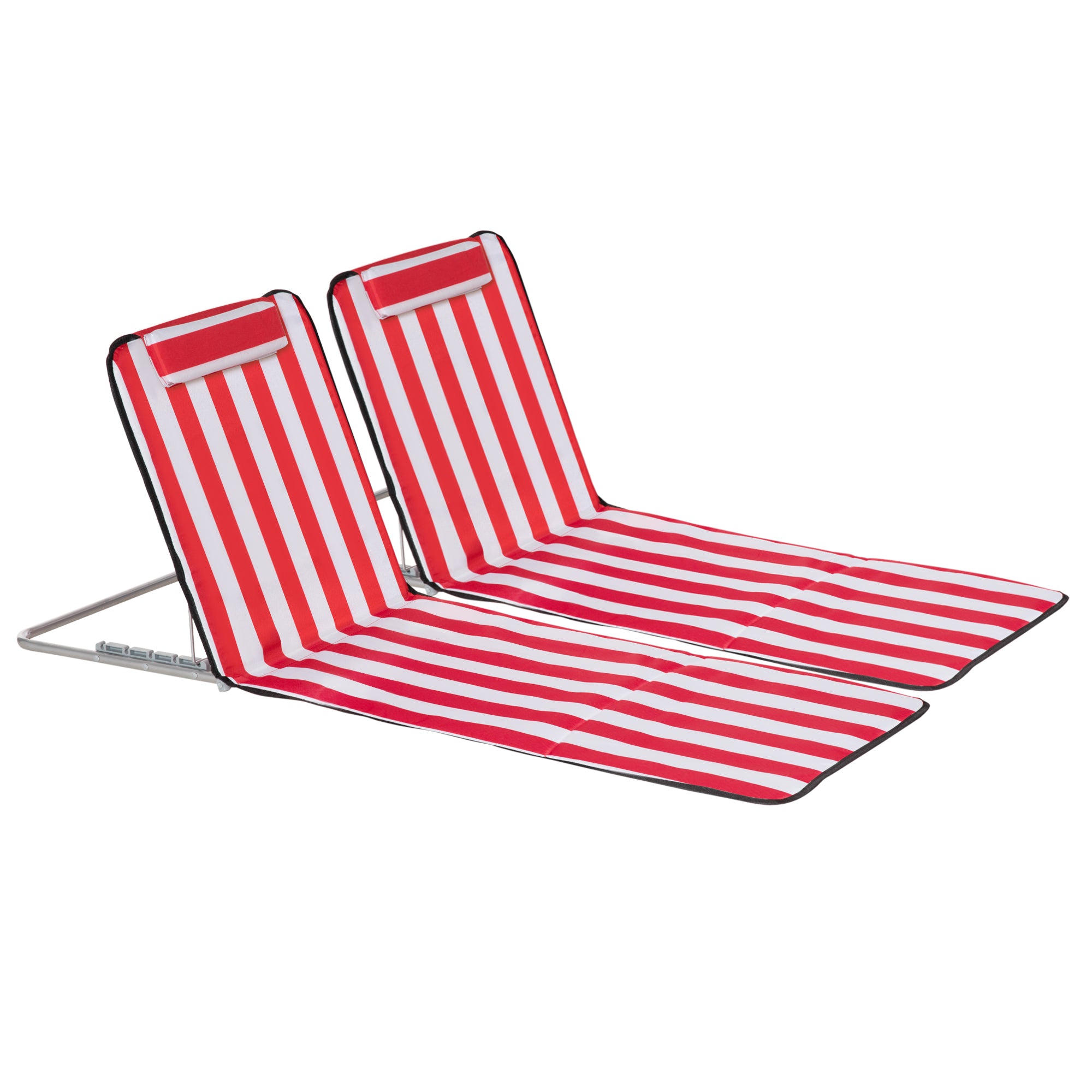Outsunny Set of 2 Beach Lounge Chair Sun Lounger, Folding Ground Beach Mat w/ Adjustable Back, Steel Frame, Head Pillow and Carry Bag for Backyard Lakeside, Red and White