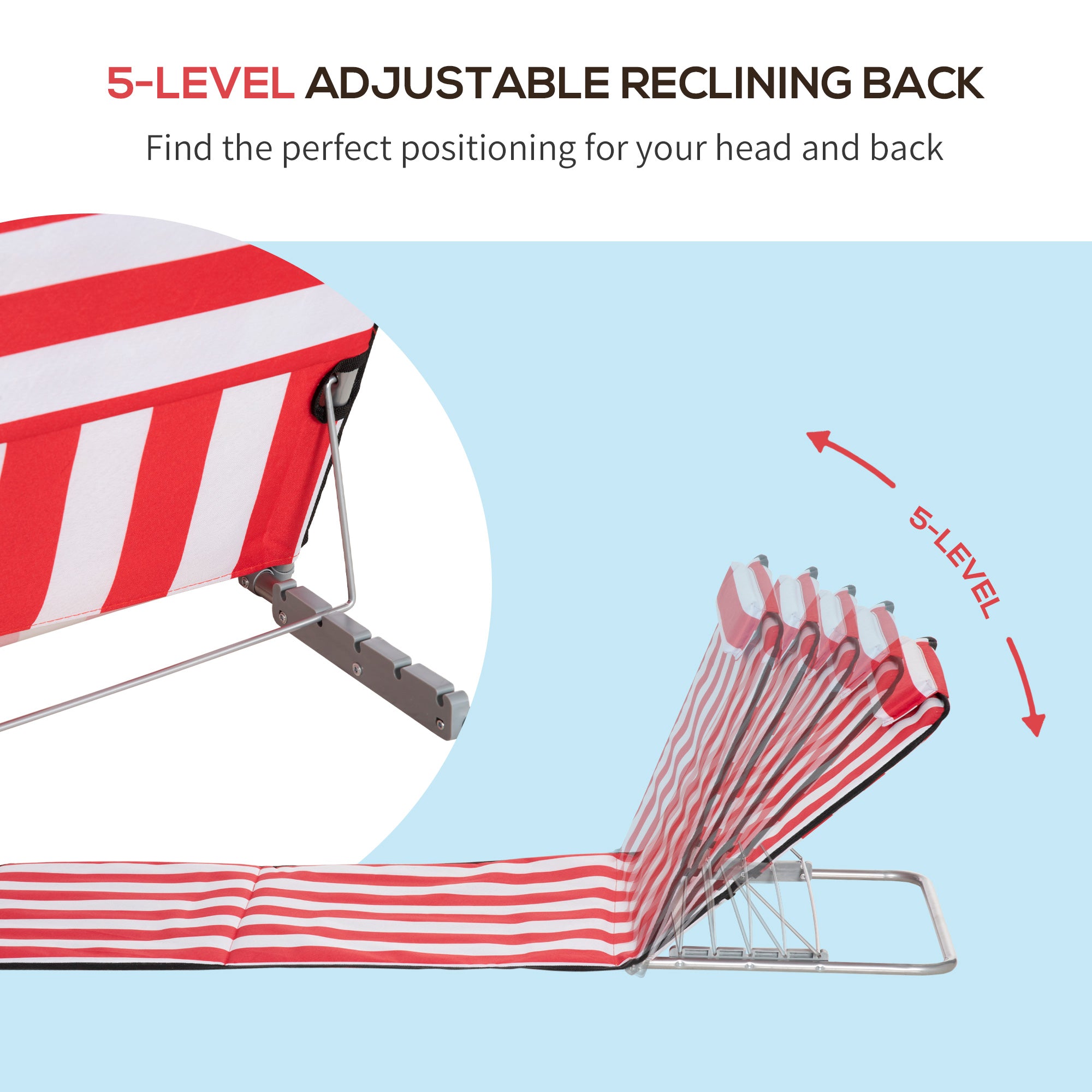 Outsunny Set of 2 Beach Lounge Chair Sun Lounger, Folding Ground Beach Mat w/ Adjustable Back, Steel Frame, Head Pillow and Carry Bag for Backyard Lakeside, Red and White