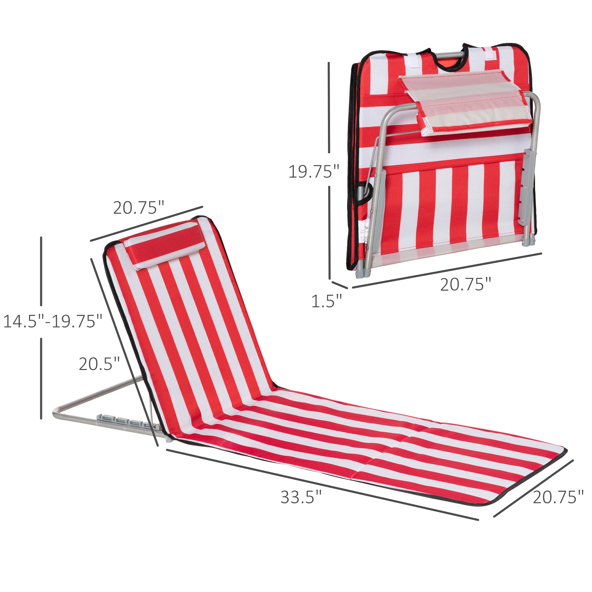 Outsunny Set of 2 Beach Lounge Chair Sun Lounger, Folding Ground Beach Mat w/ Adjustable Back, Steel Frame, Head Pillow and Carry Bag for Backyard Lakeside, Red and White